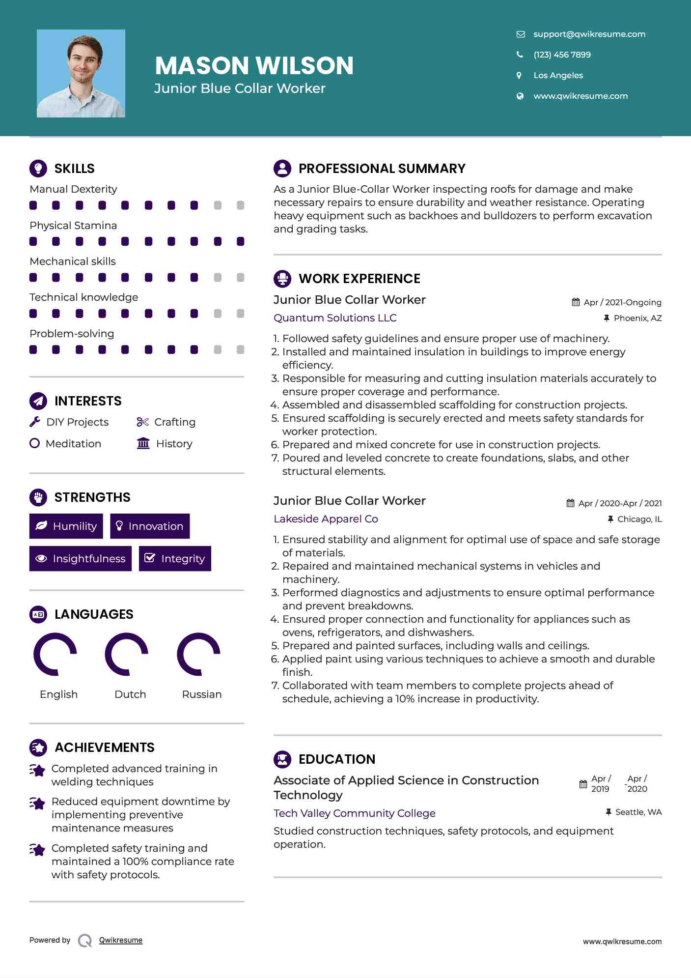 Junior  Blue Collar Worker Resume Format