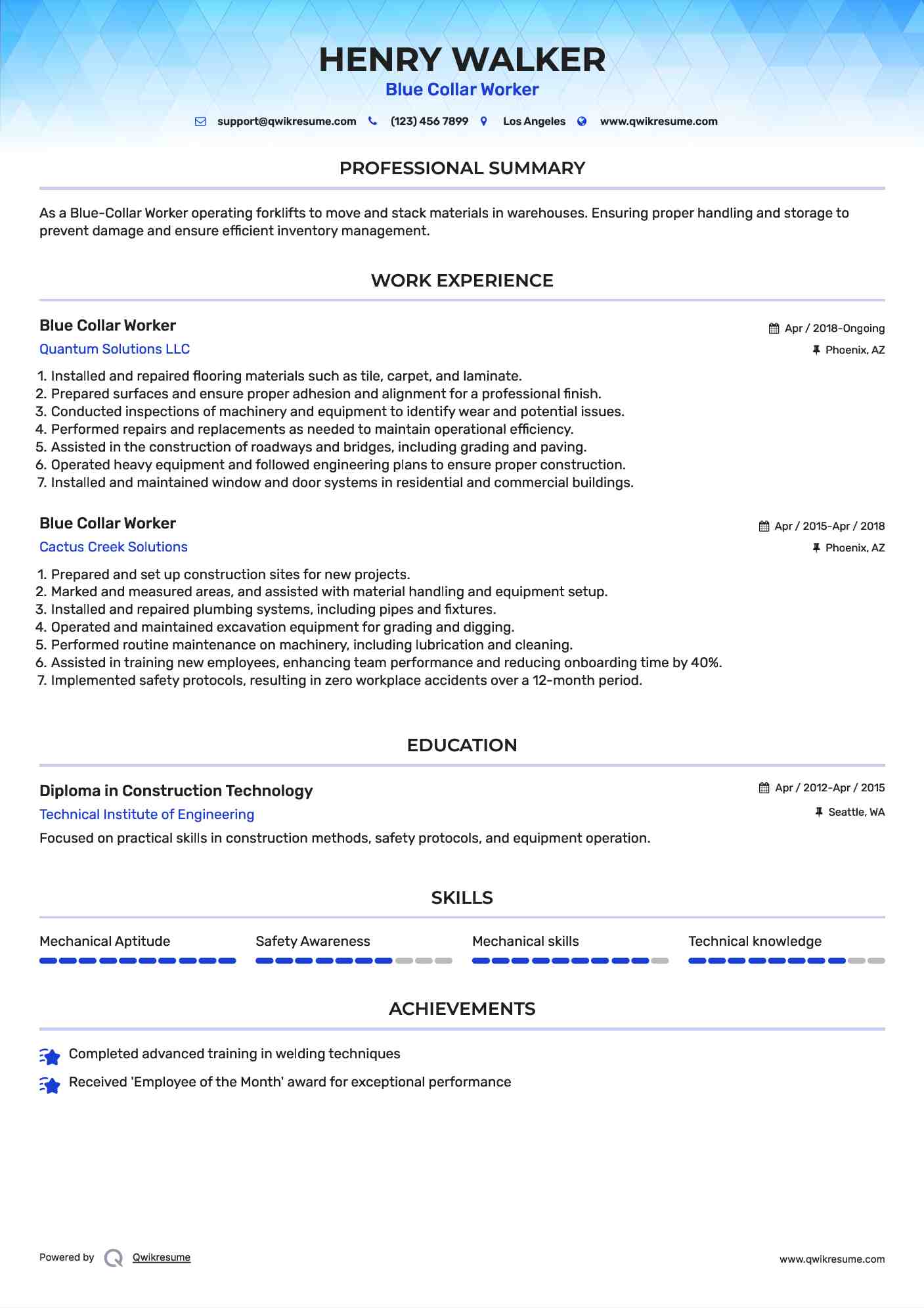 Blue Collar Worker Resume Format