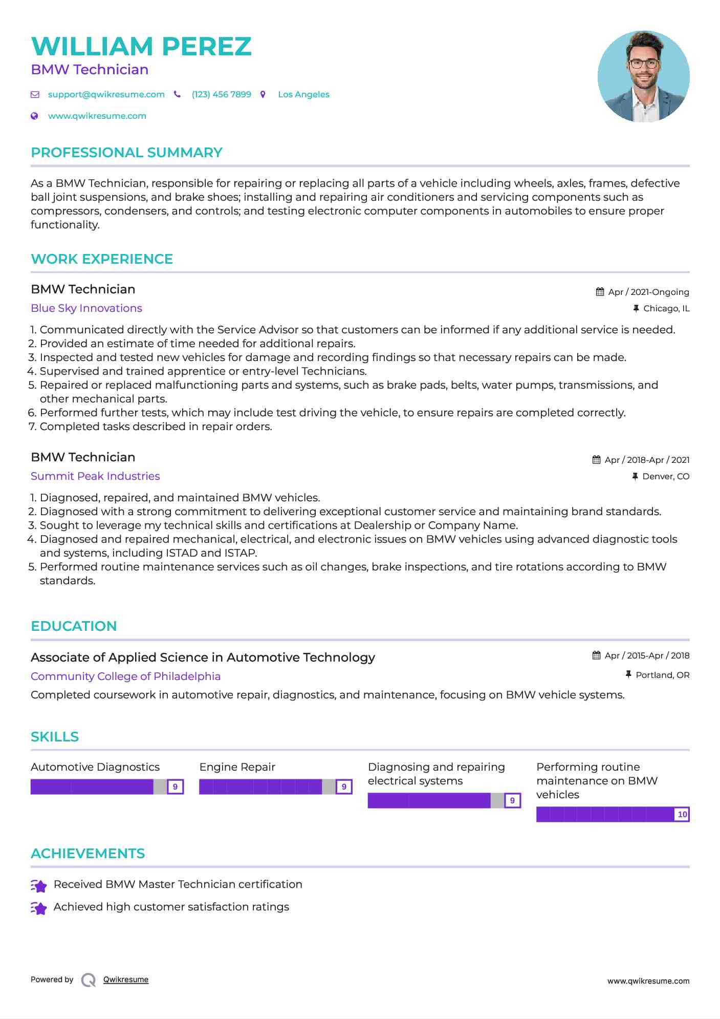 BMW Technician Resume Model