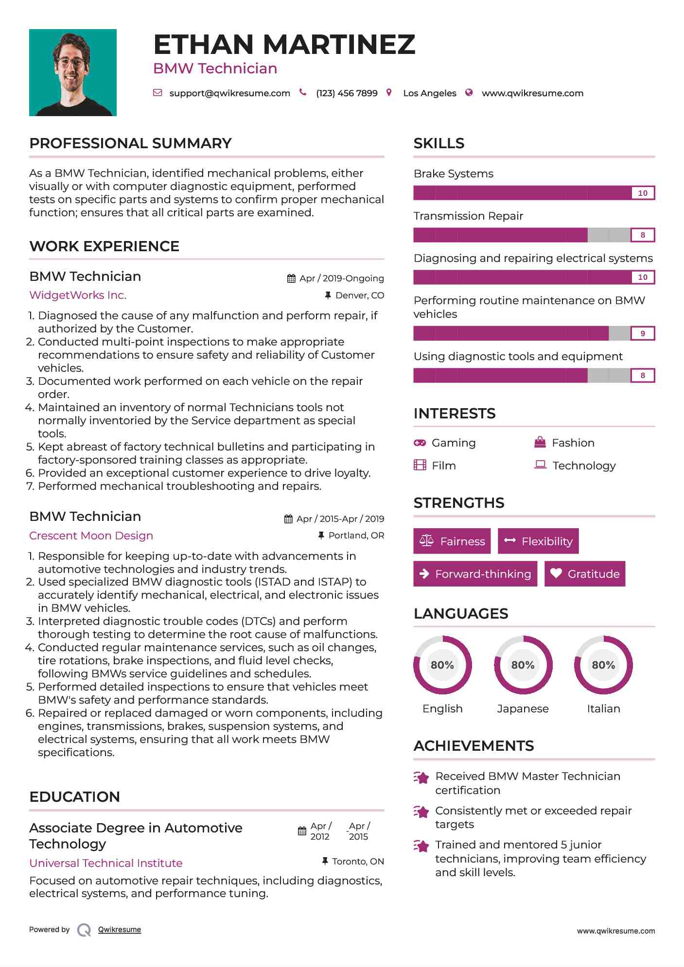 BMW Technician Resume Model