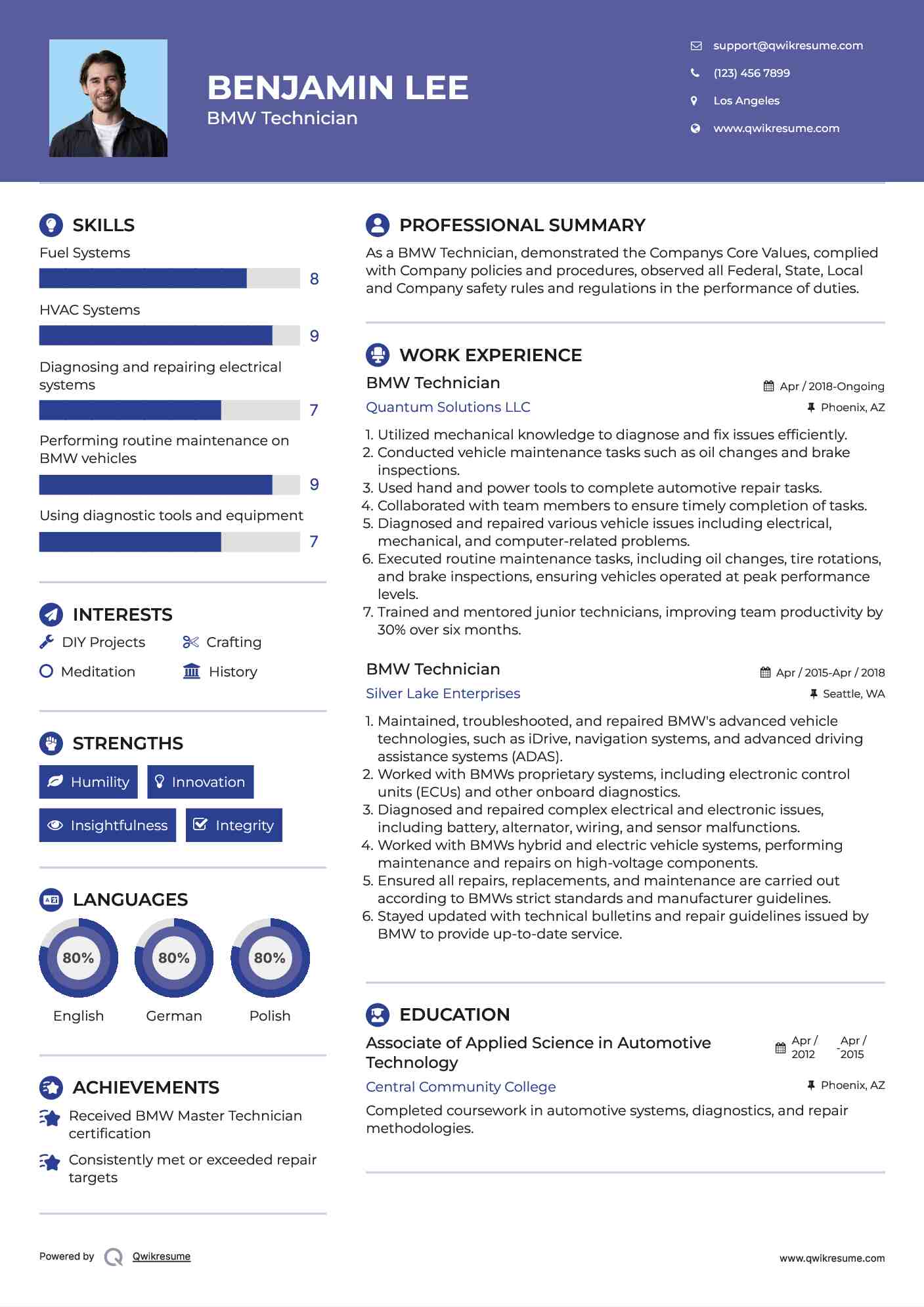 BMW Technician Resume Example