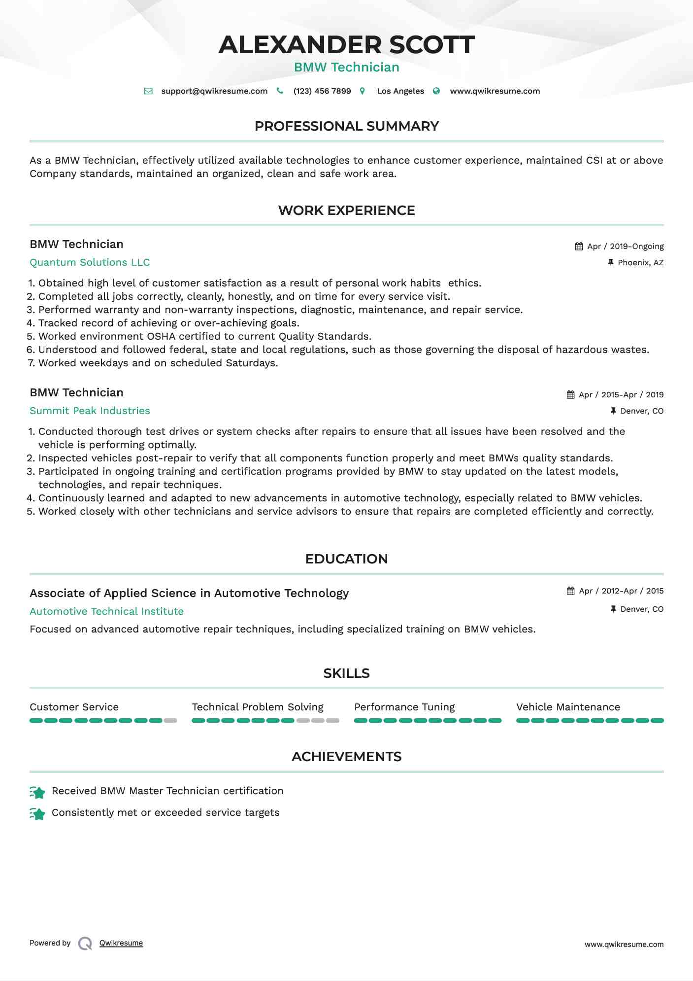 BMW Technician Resume Format