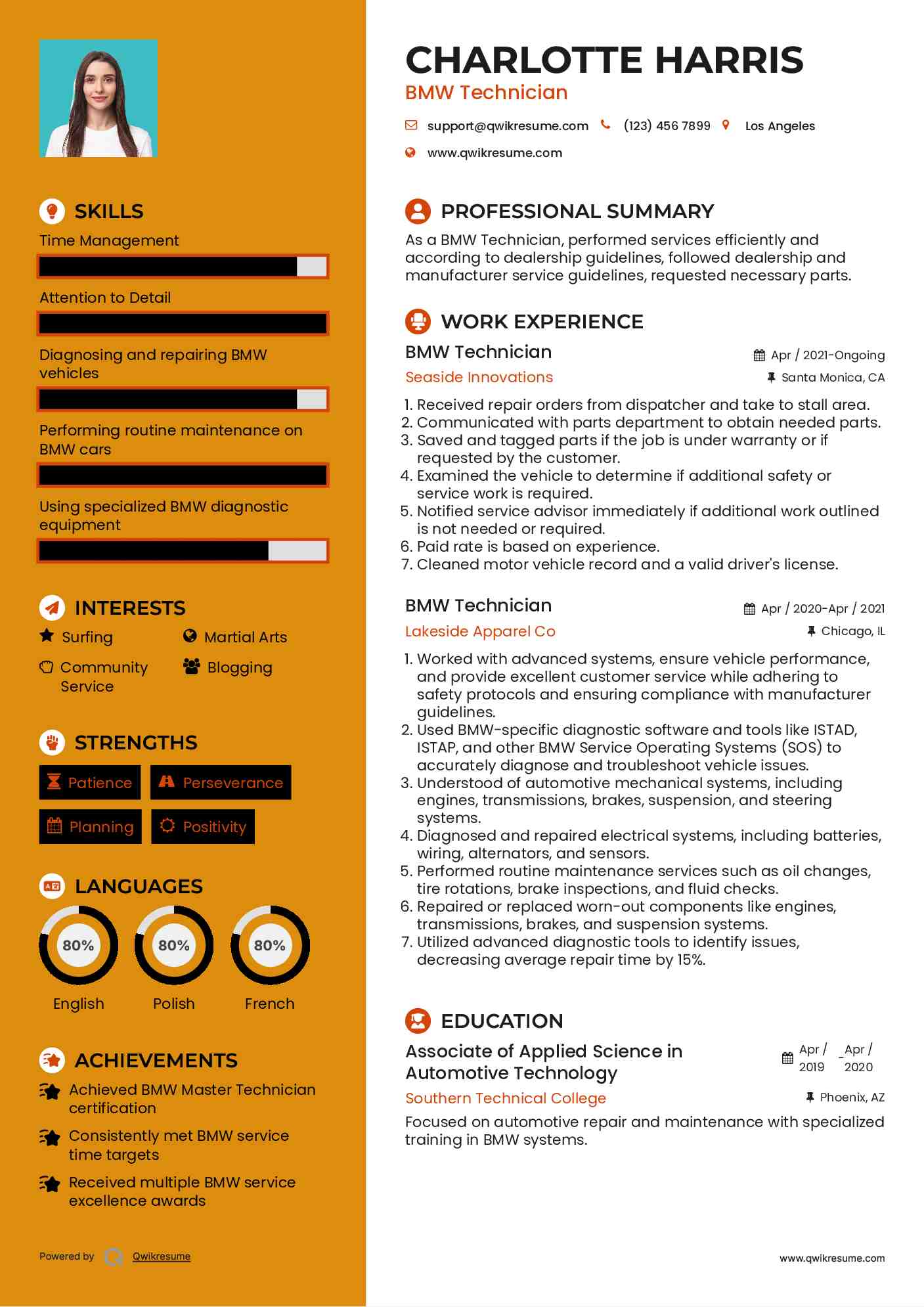 BMW Technician Resume Format