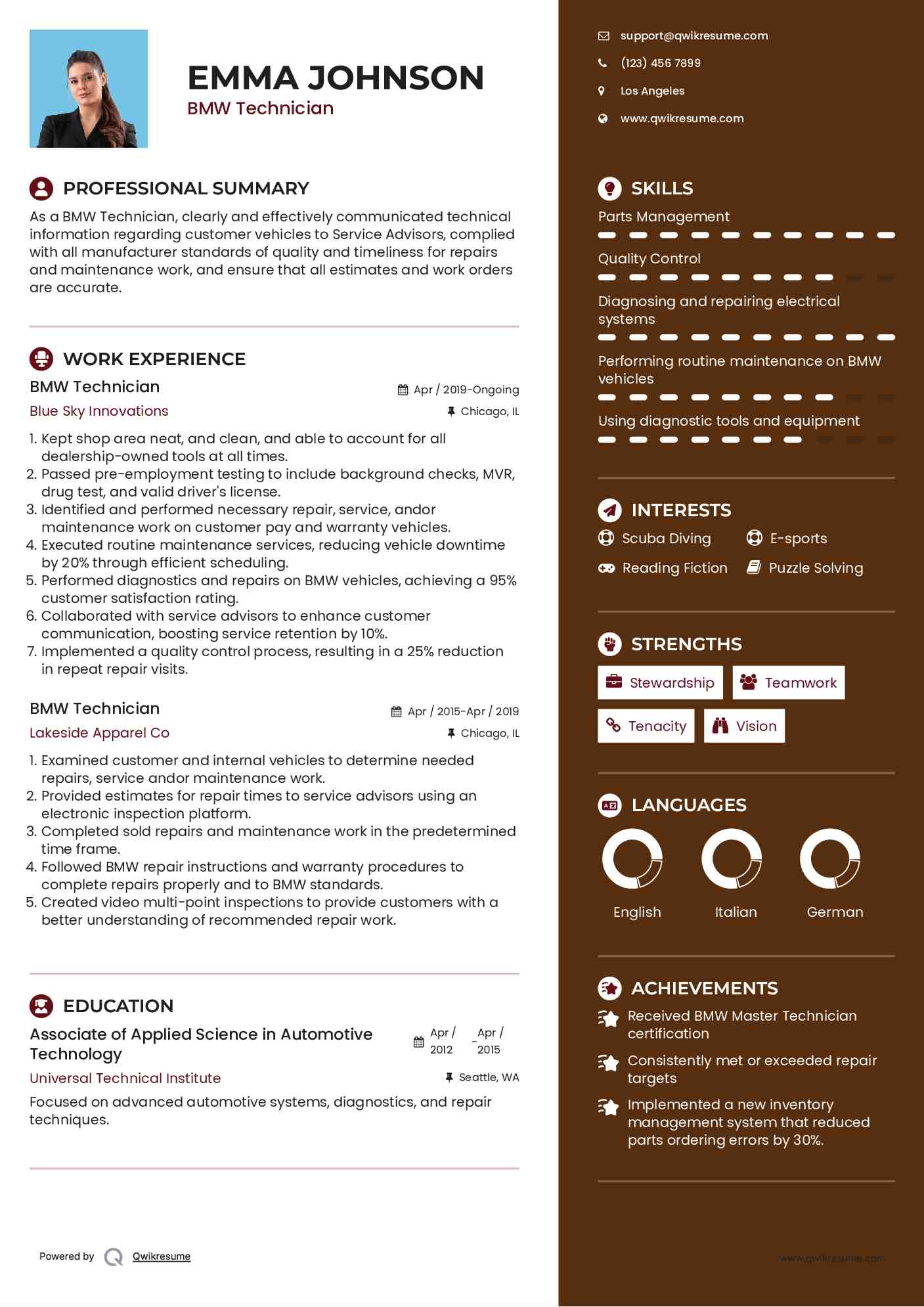 BMW Technician Resume Example