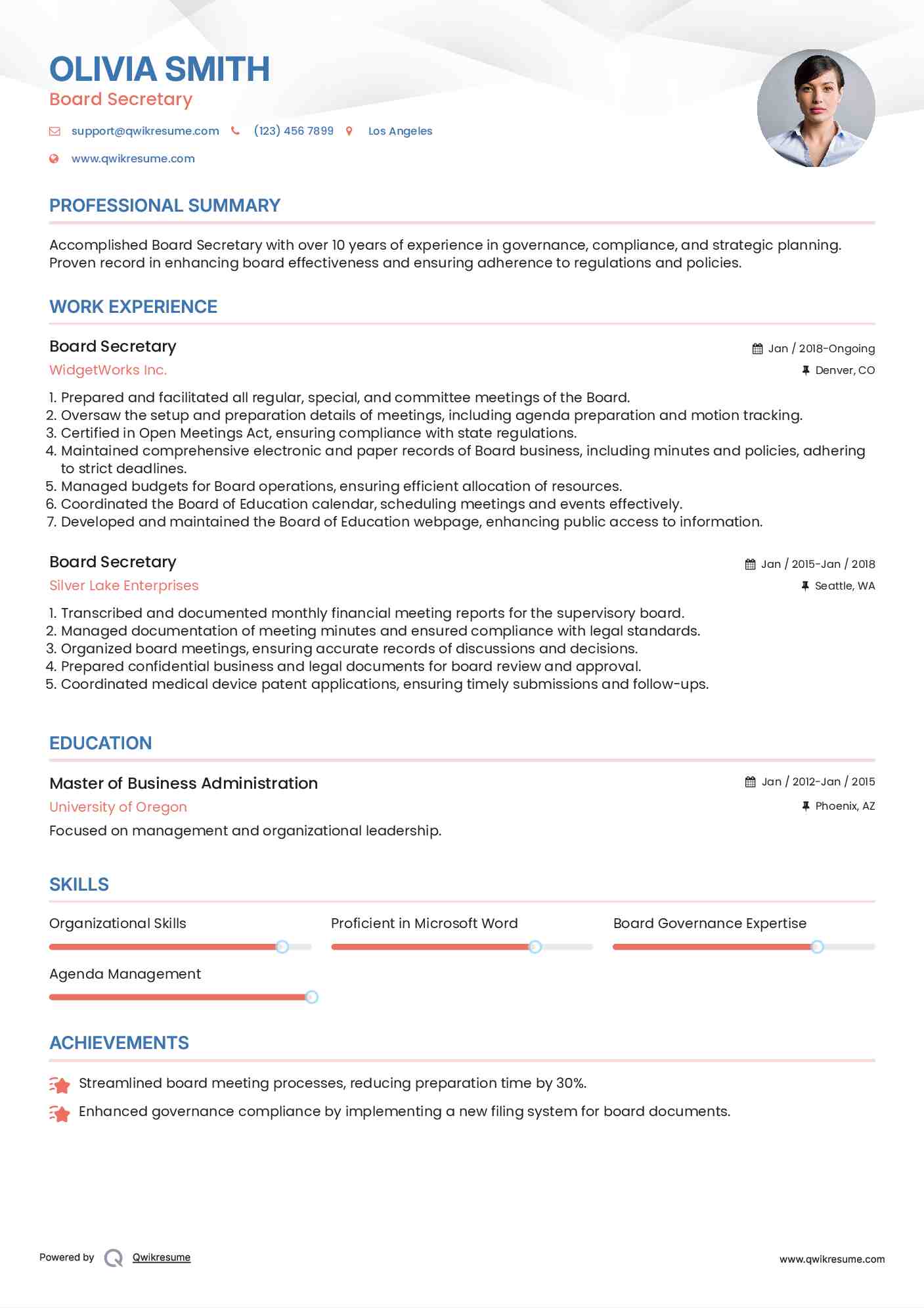 Board Secretary Resume Model