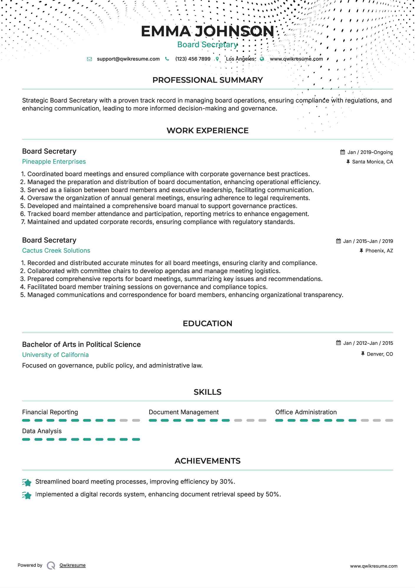 Board Secretary Resume Template