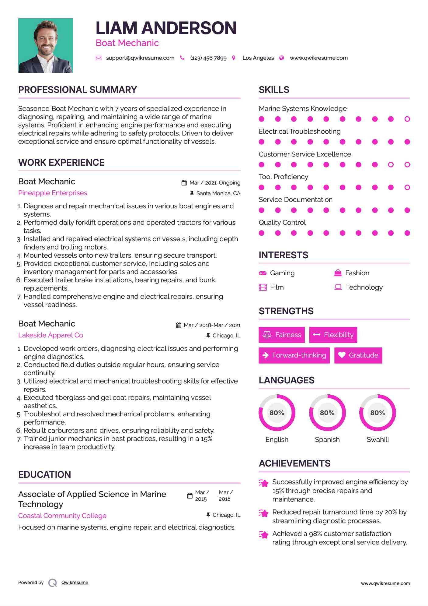 Boat Mechanic Resume Example