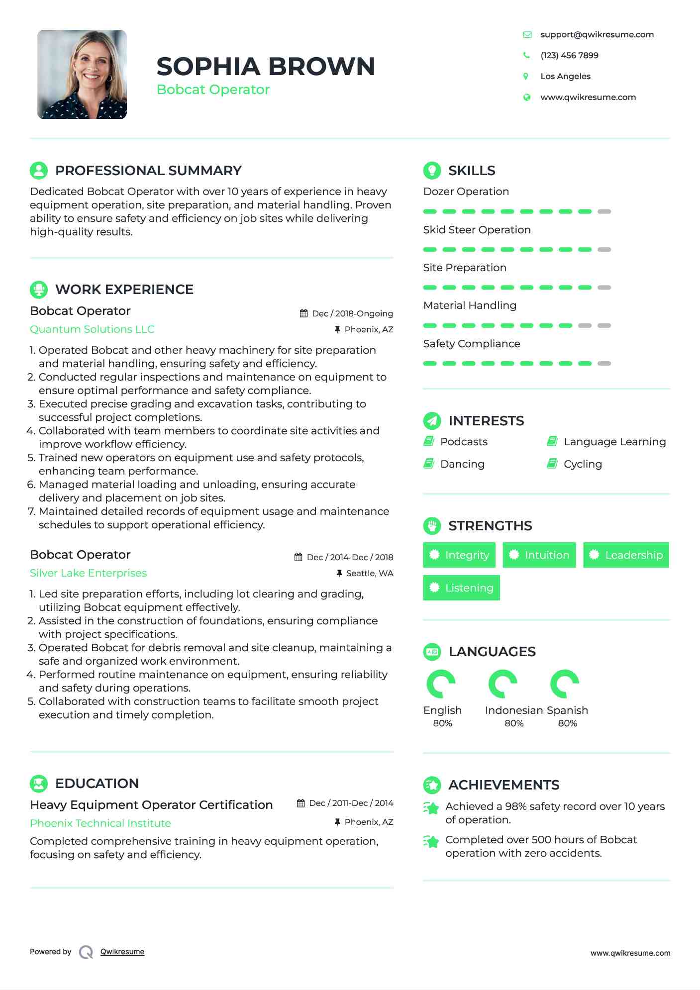 Bobcat Operator Resume Format