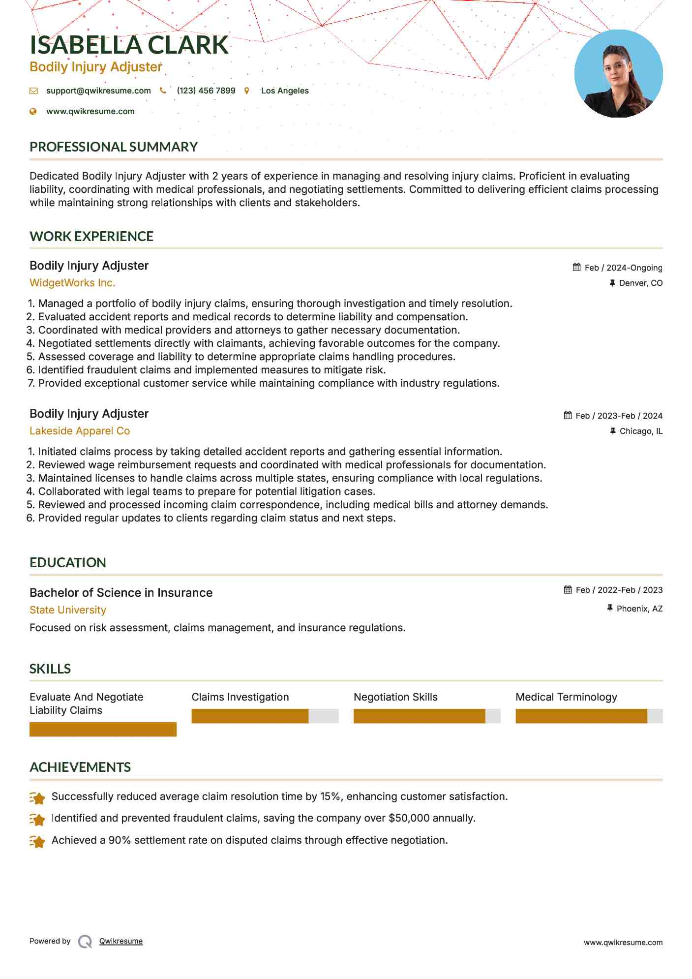 Bodily Injury Adjuster Resume Samples QwikResume