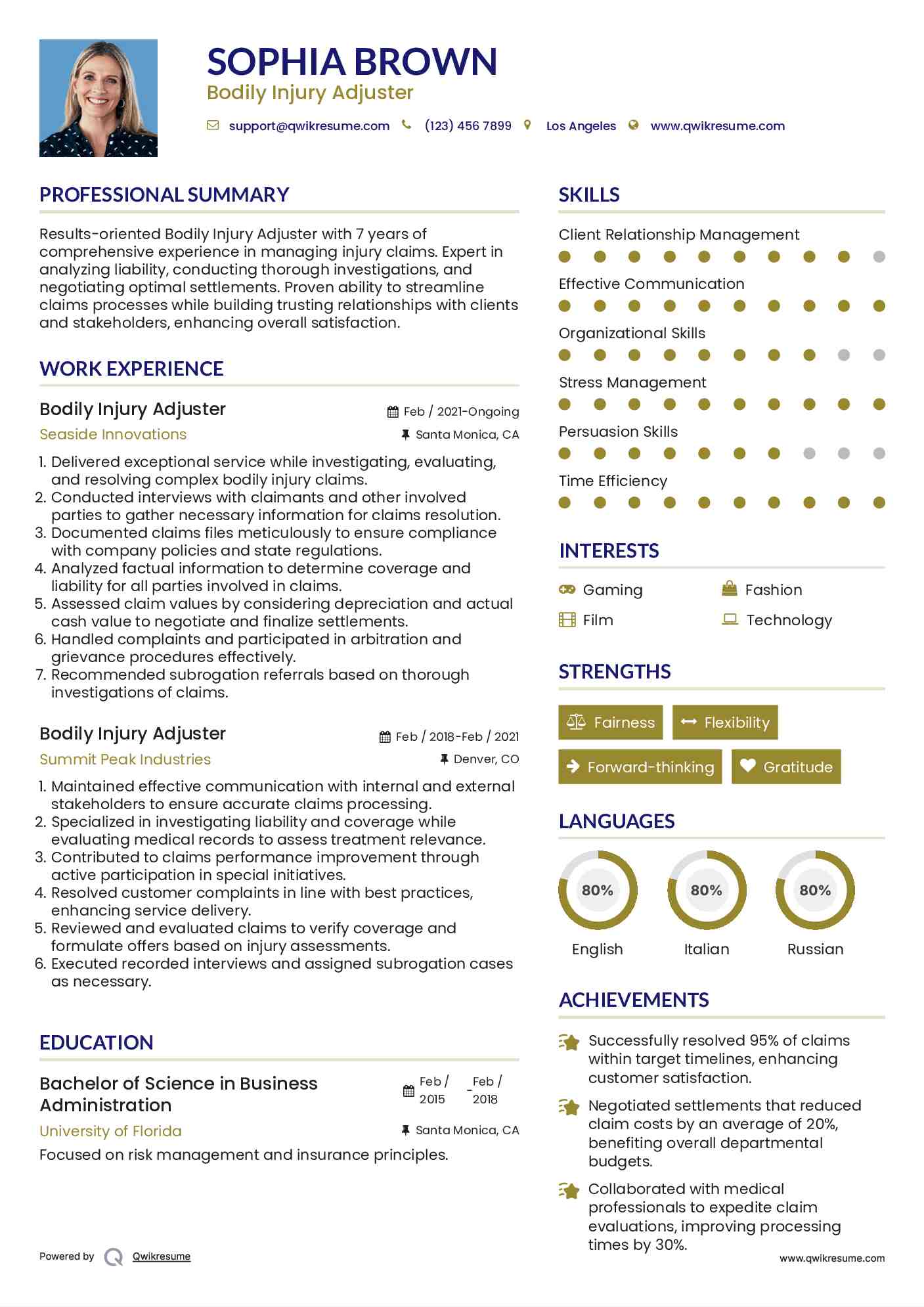 Bodily Injury Adjuster Resume Samples QwikResume