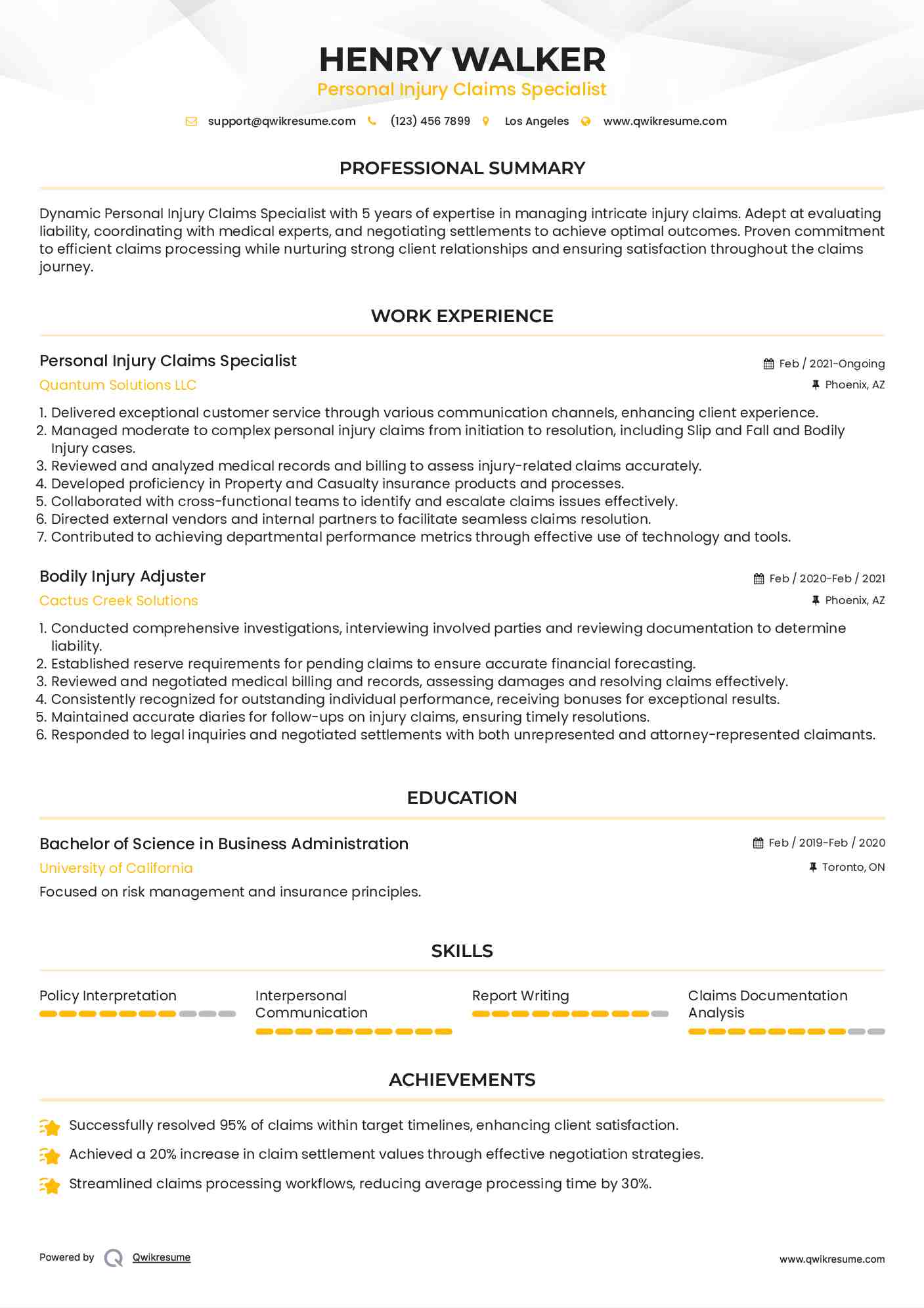 Personal Injury Claims Specialist Resume Sample