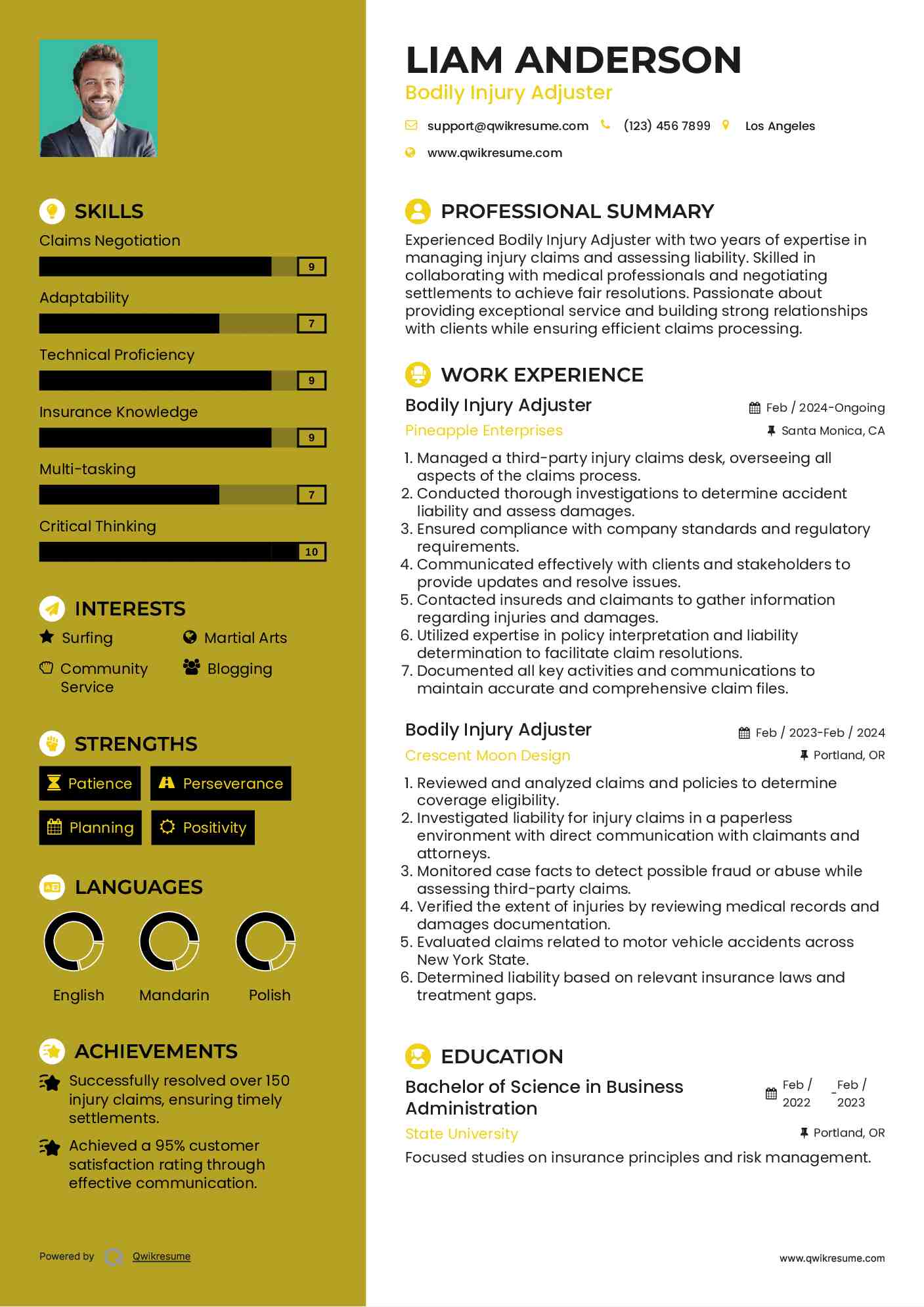 Bodily Injury Adjuster Resume Samples QwikResume