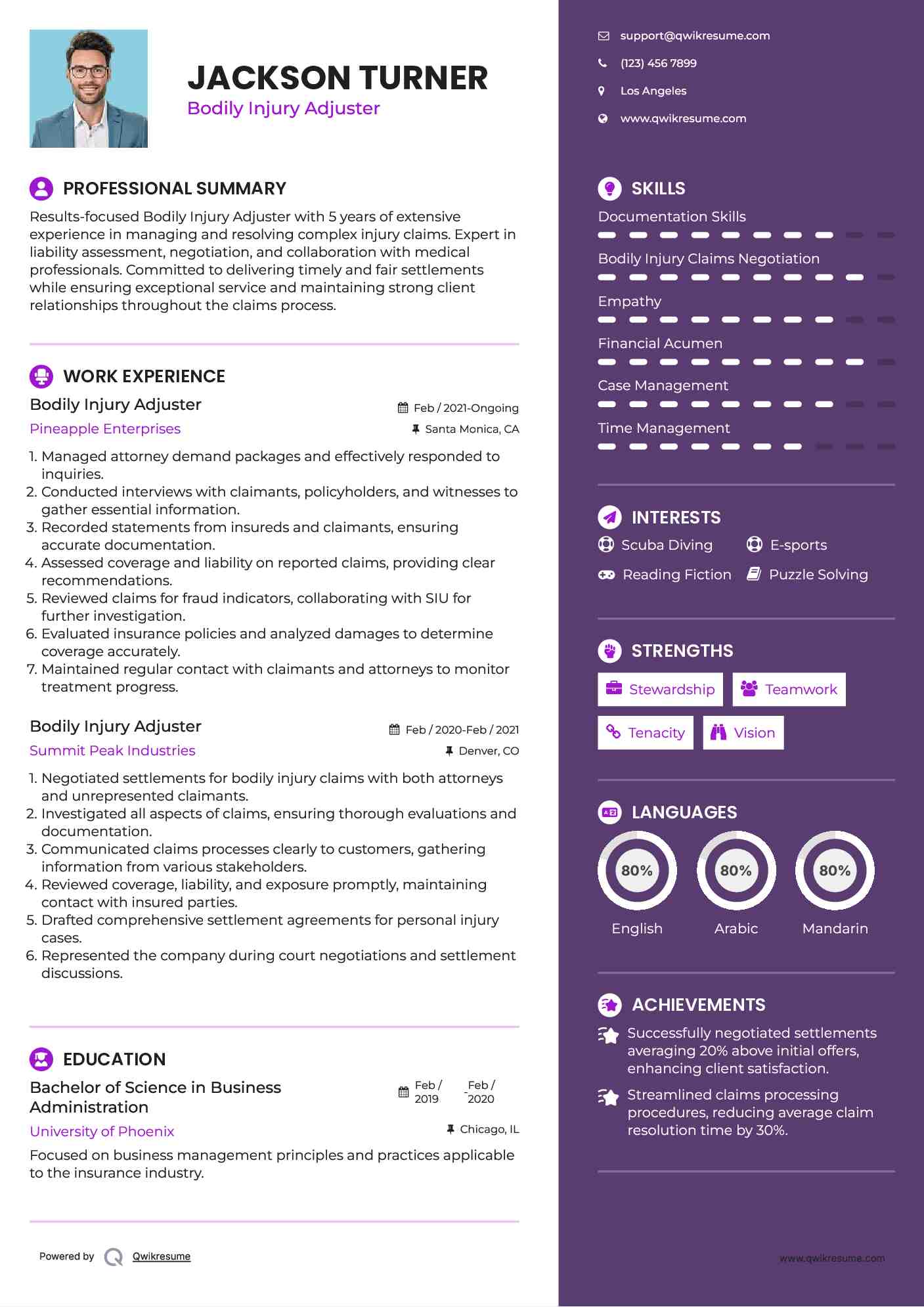 Bodily Injury Adjuster Resume Model