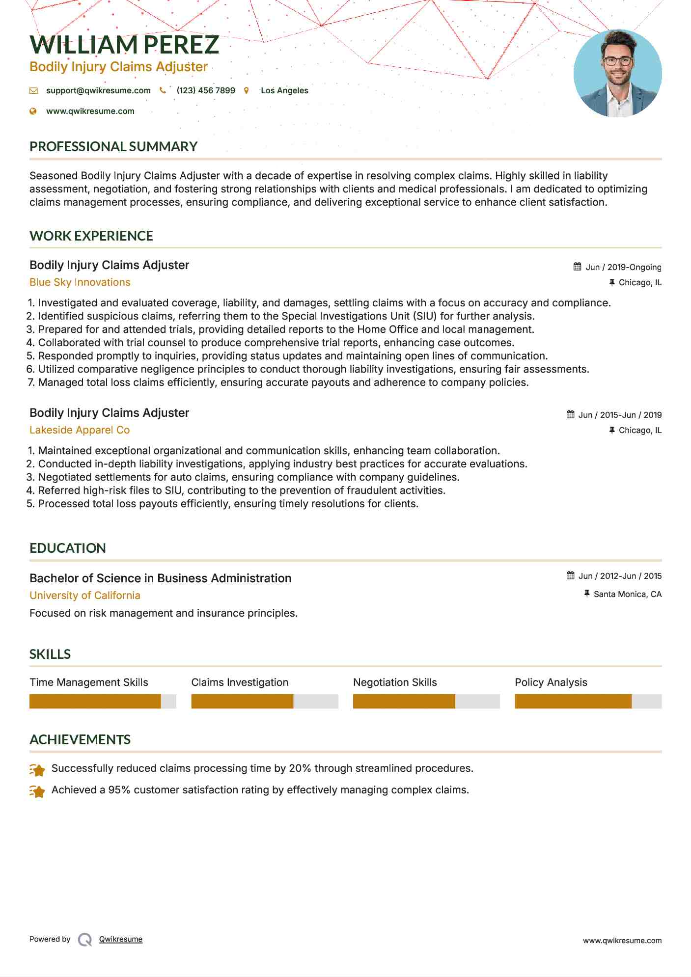 Bodily Injury Claims Adjuster Resume Format