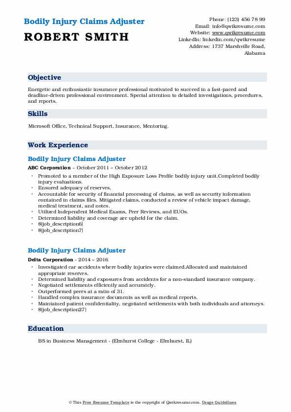 Bodily Injury Claims Adjuster Resume Samples QwikResume