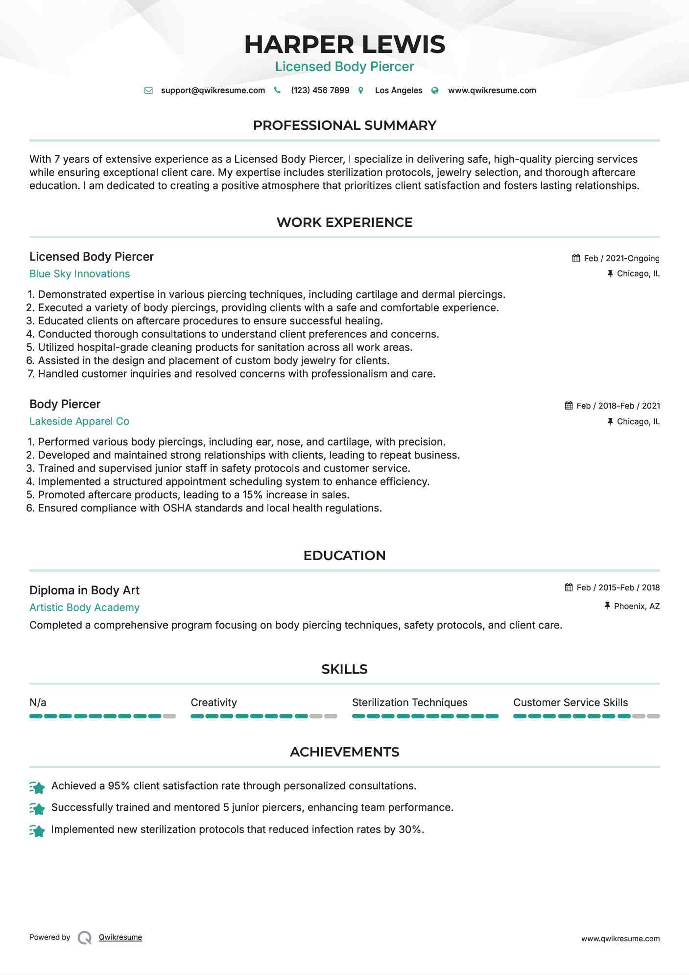 Licensed Body Piercer Resume Template