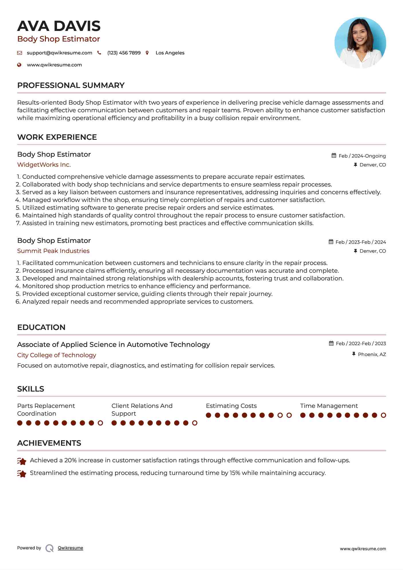 body-shop-estimator-resume-samples-qwikresume