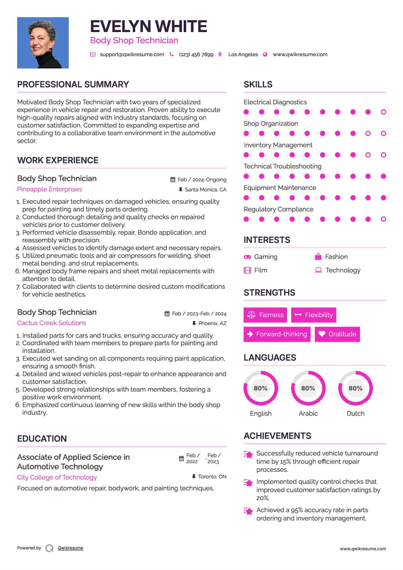 Body Shop Technician Resume Sample