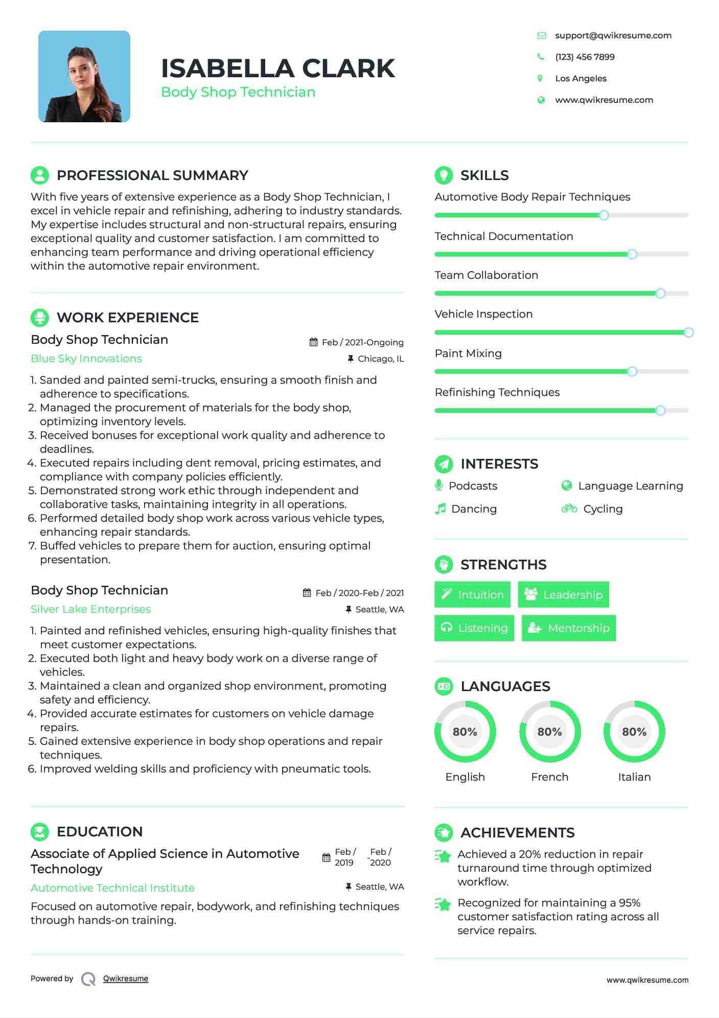 Body Shop Technician Resume Example