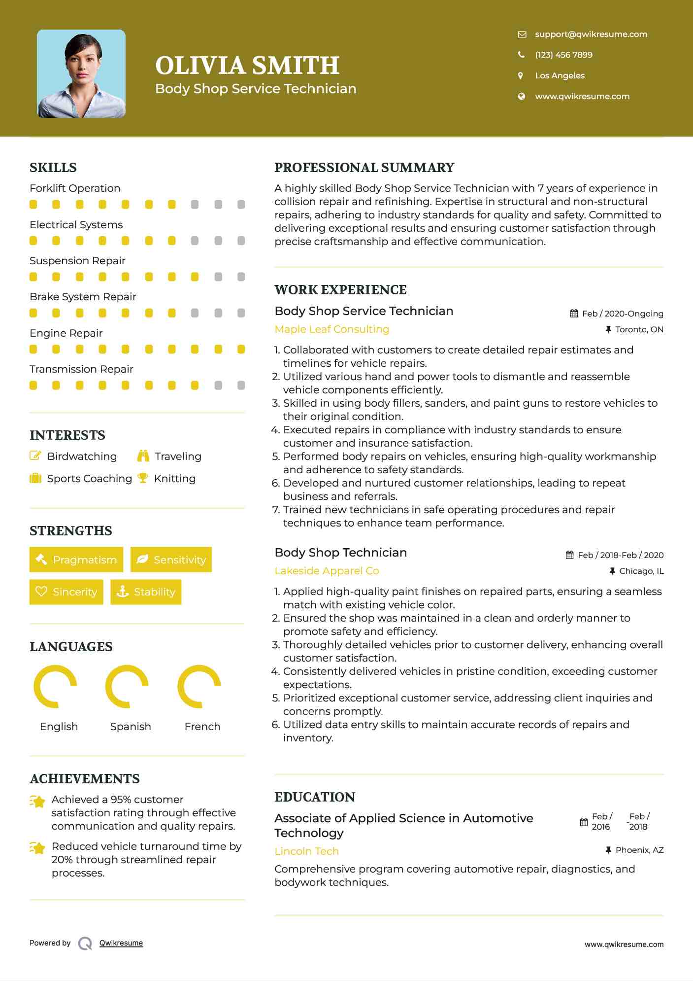 Body Shop Service Technician Resume Sample