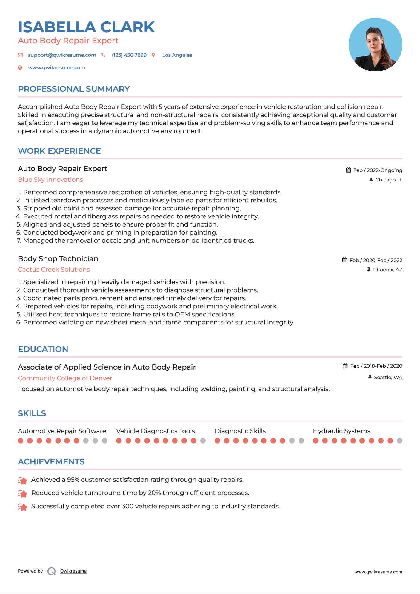 Auto Body Repair Expert Resume Format