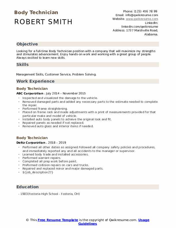 Body Technician Resume Samples QwikResume