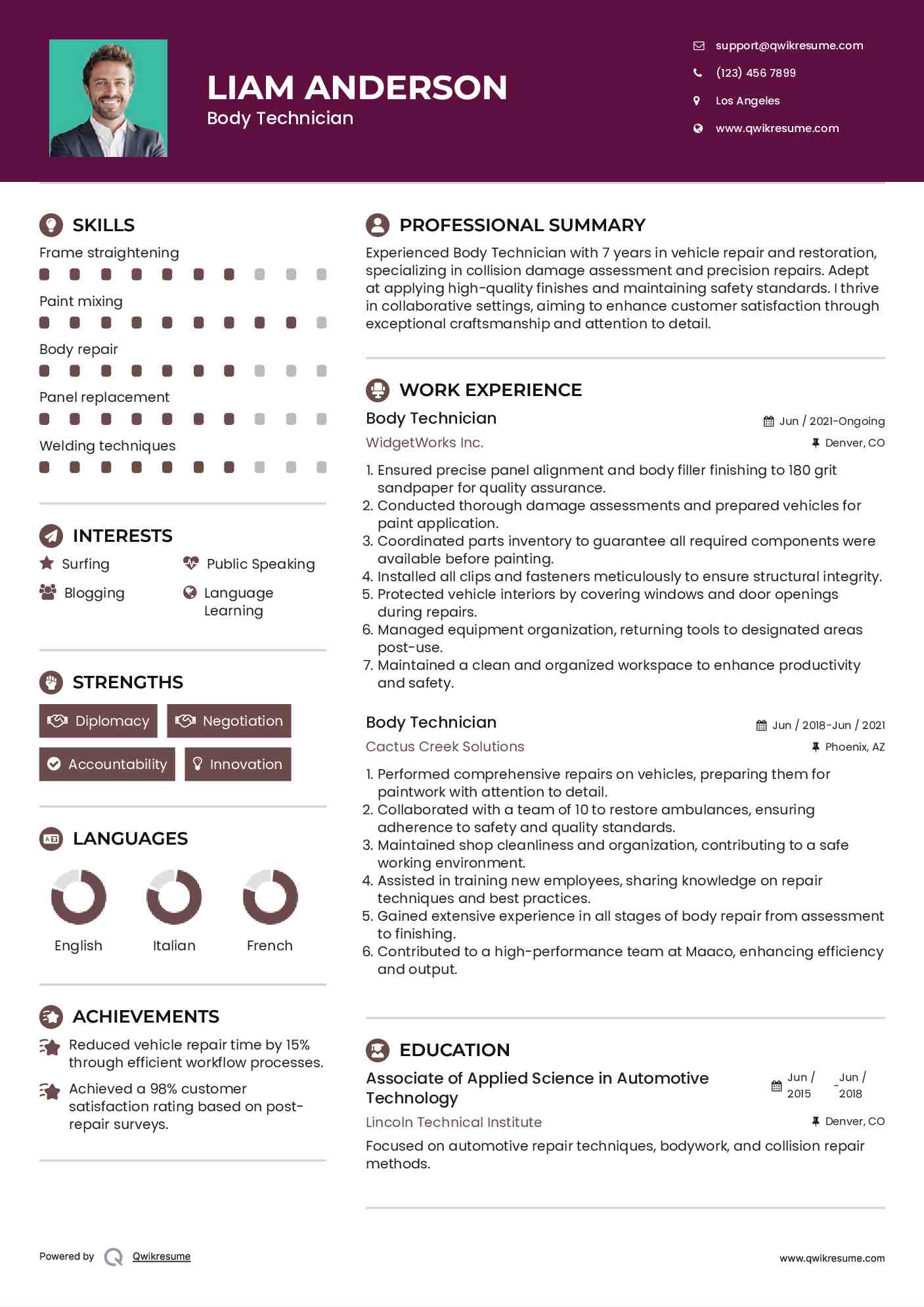 Body Technician Resume Samples QwikResume