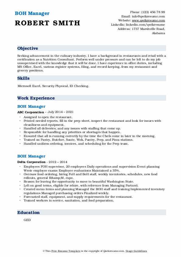 BOH Manager Resume Samples QwikResume