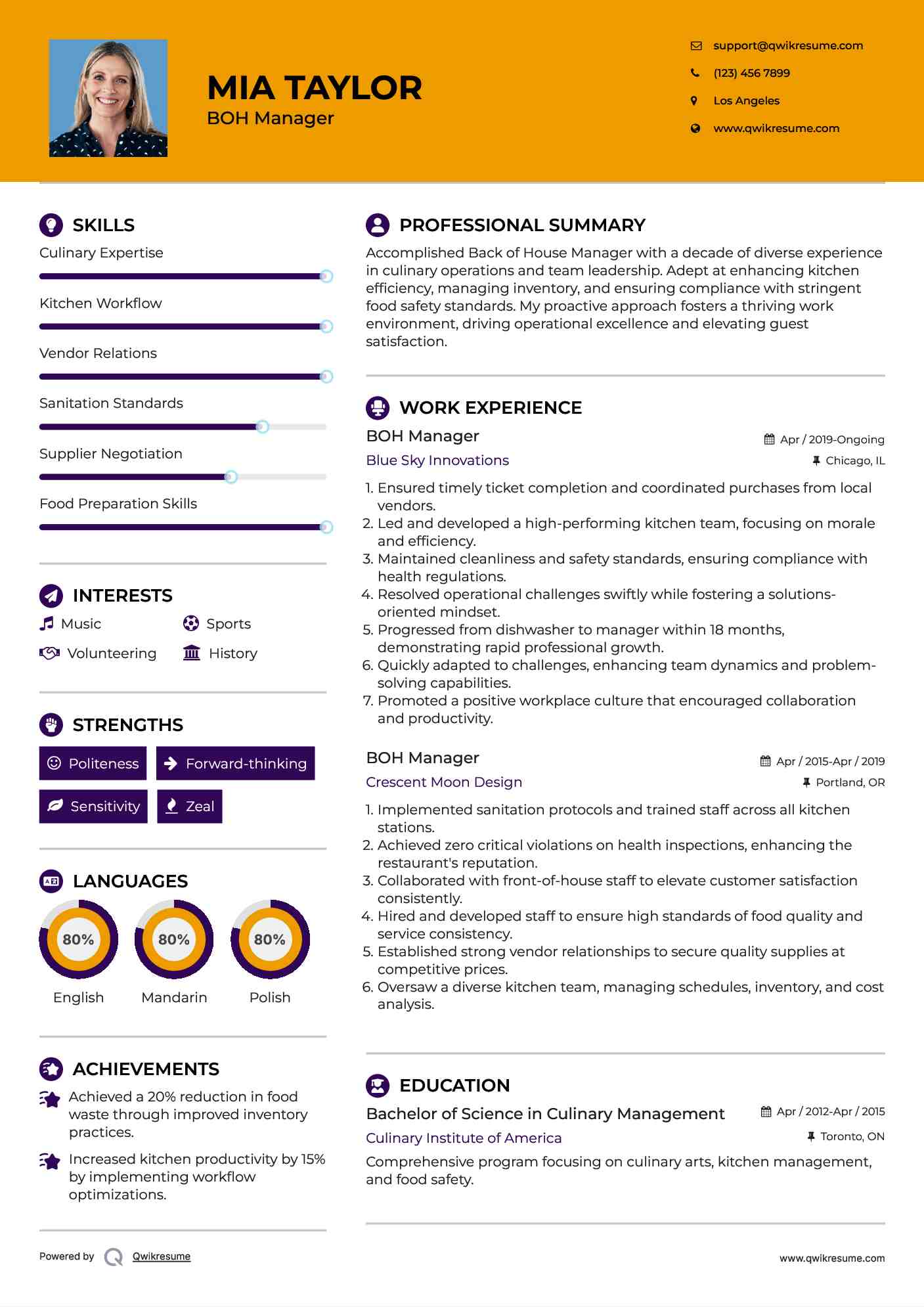 BOH Manager Resume Sample