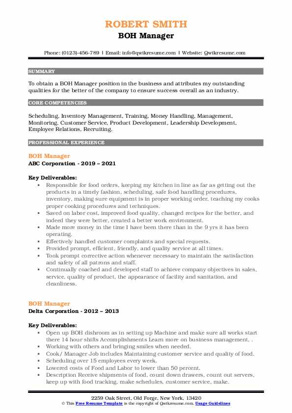 BOH Manager Resume Samples QwikResume