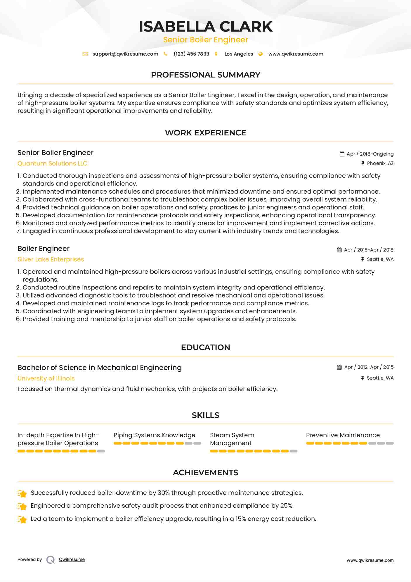Senior Boiler Engineer Resume Sample