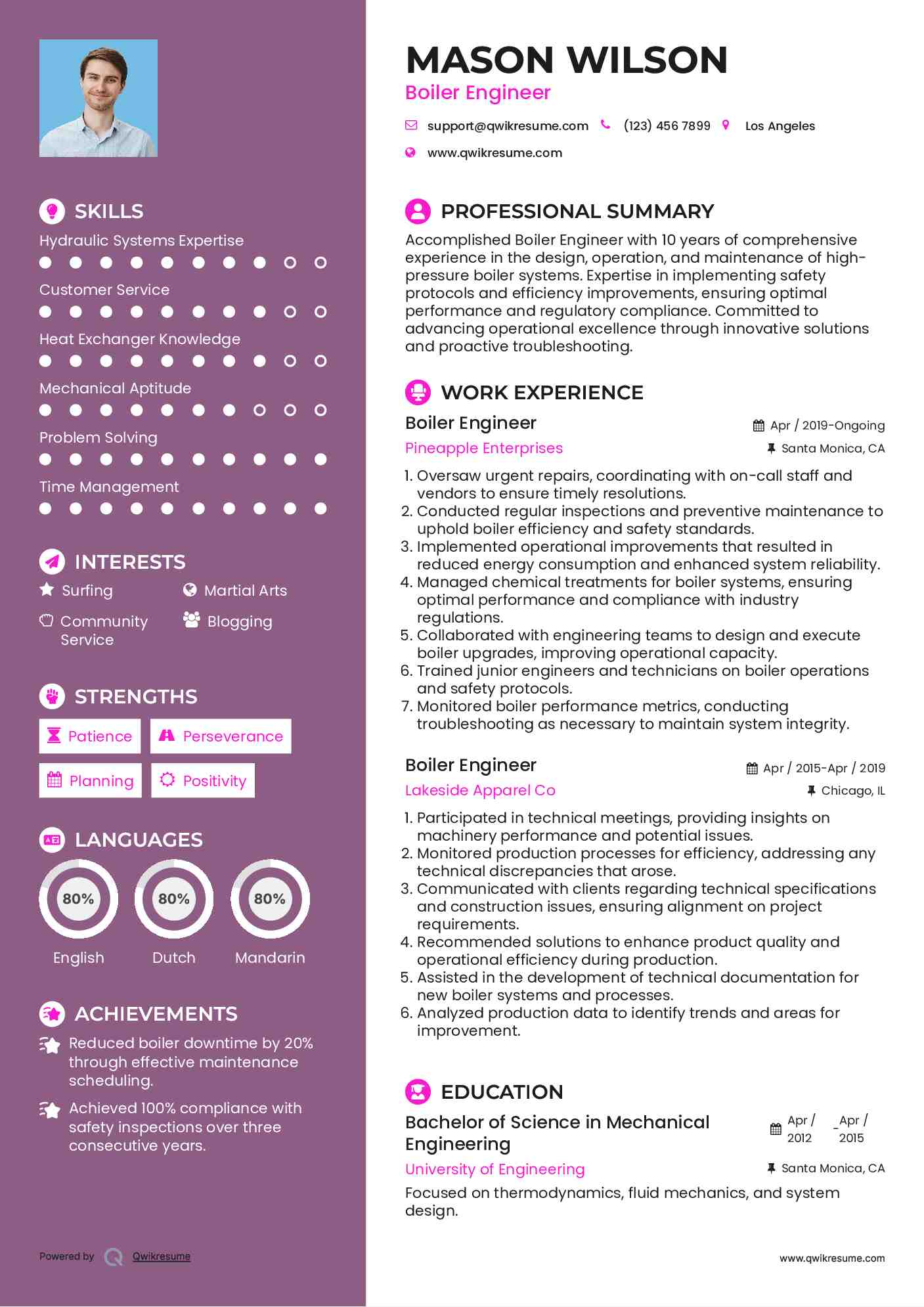 Boiler Engineer Resume Example