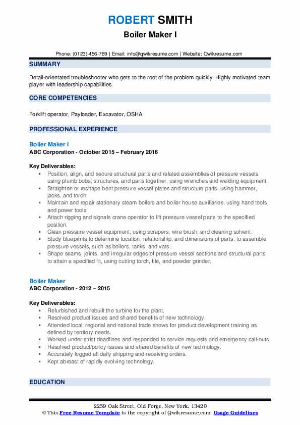 Boiler Maker Resume Samples QwikResume