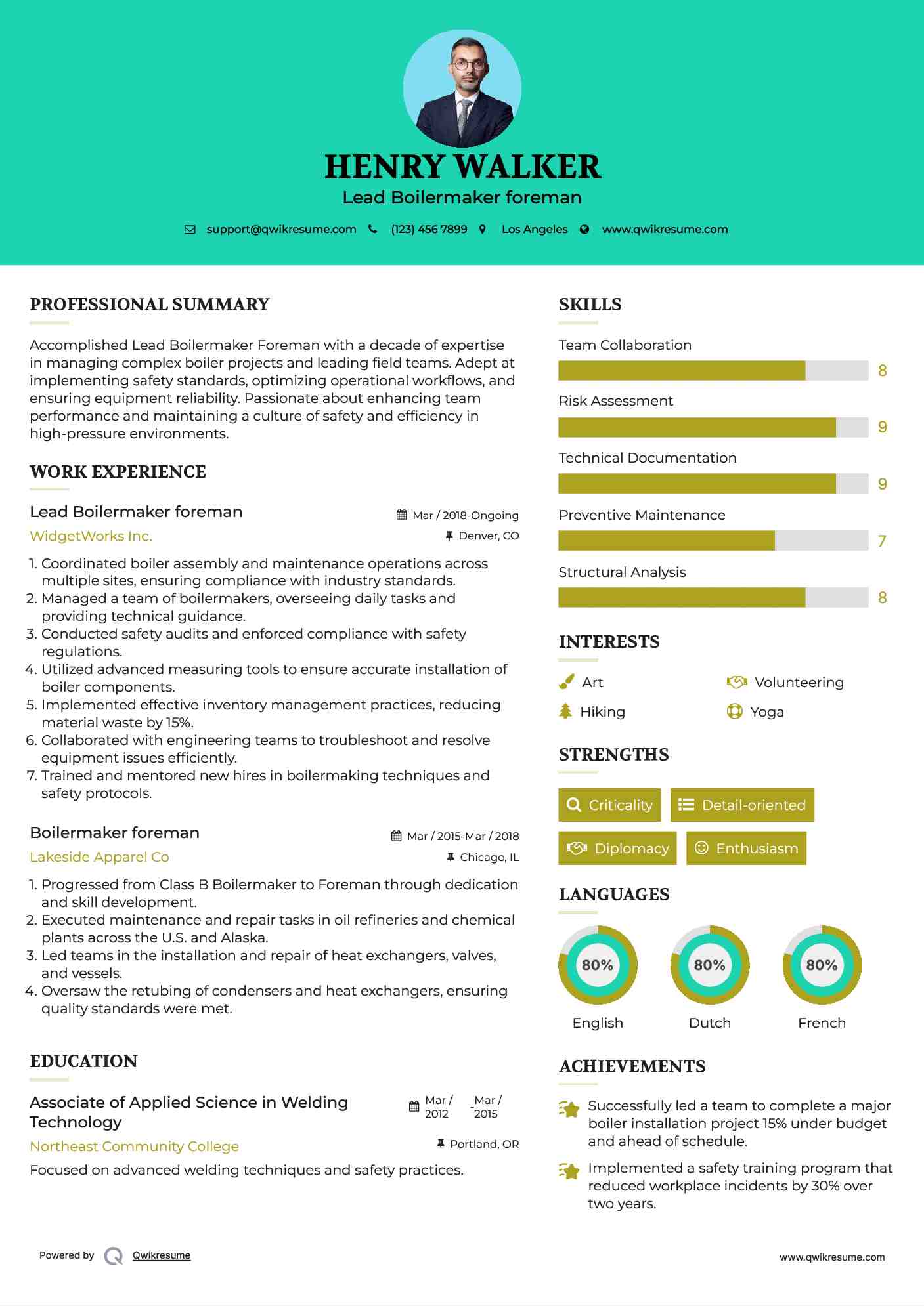 Lead Boilermaker foreman Resume Sample