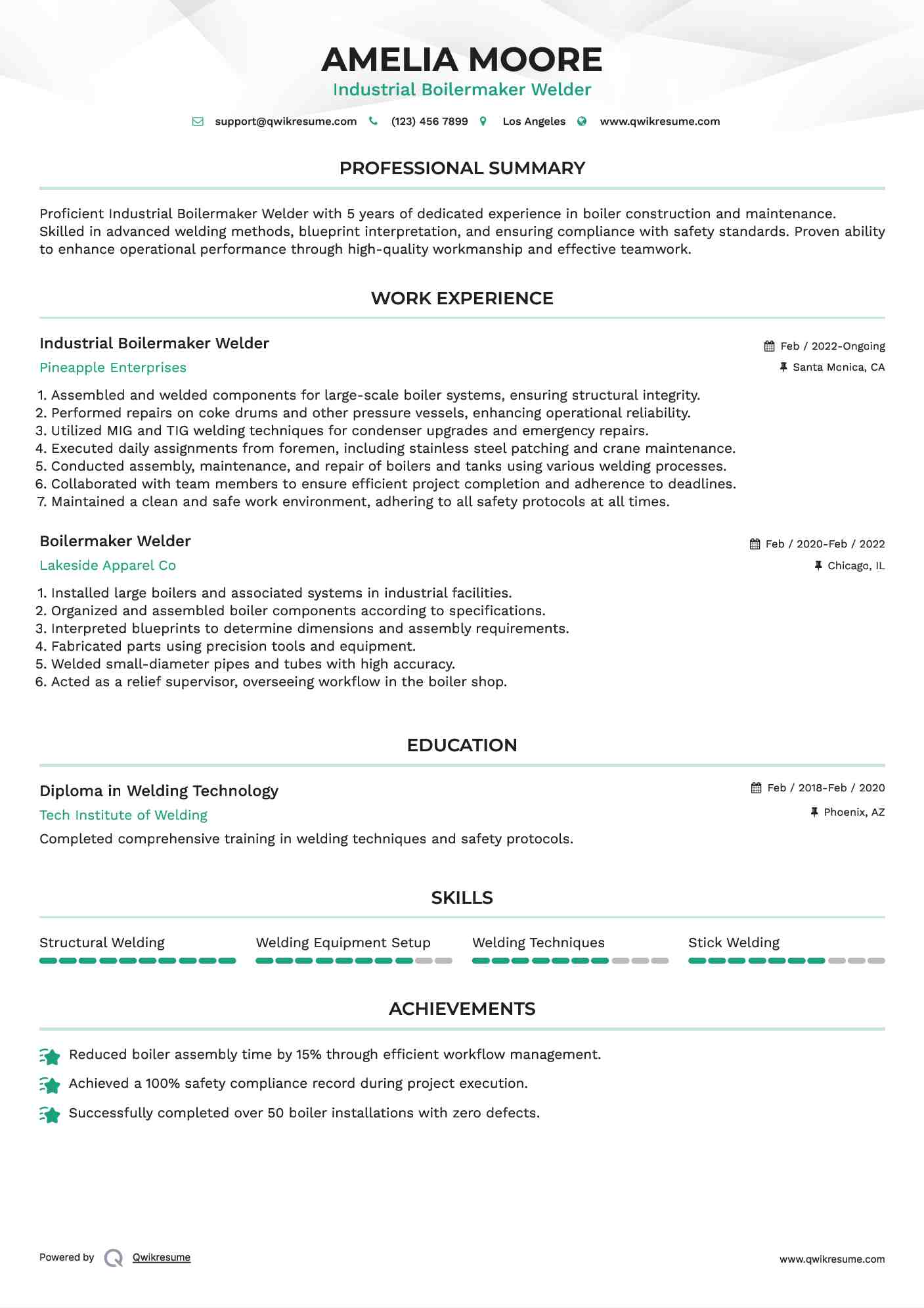 Industrial Boilermaker Welder Resume Sample