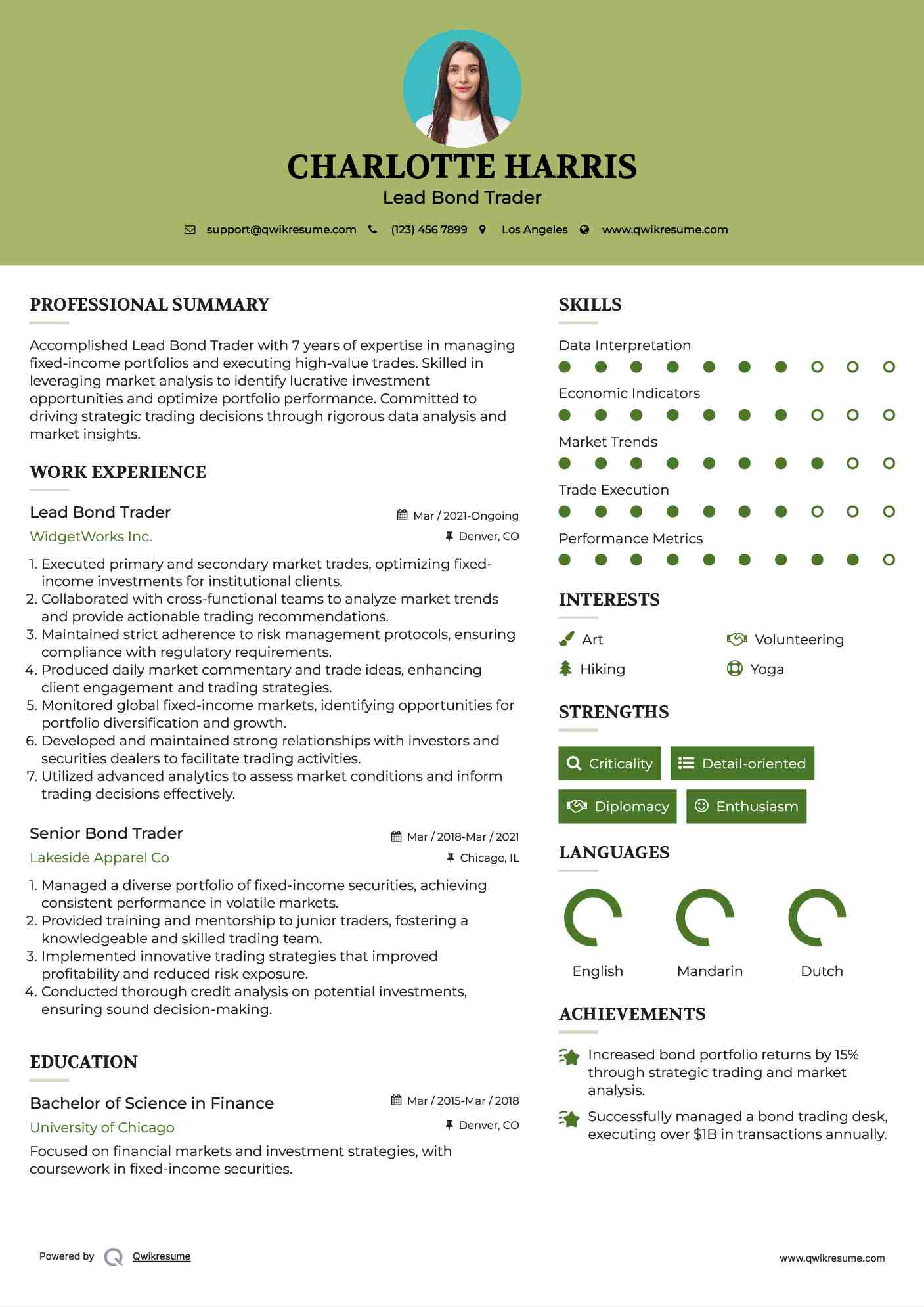 Lead Bond Trader Resume Model