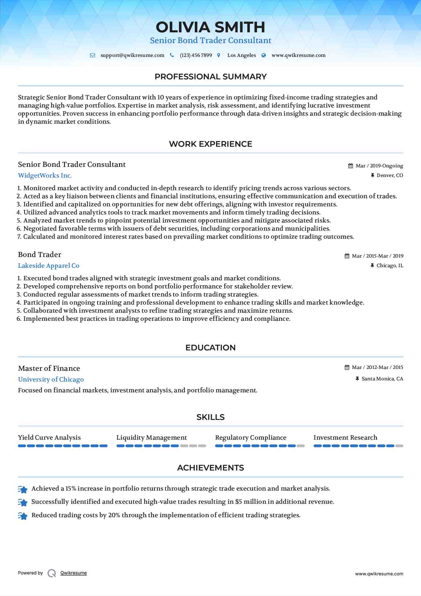 Senior Bond Trader Consultant Resume Format