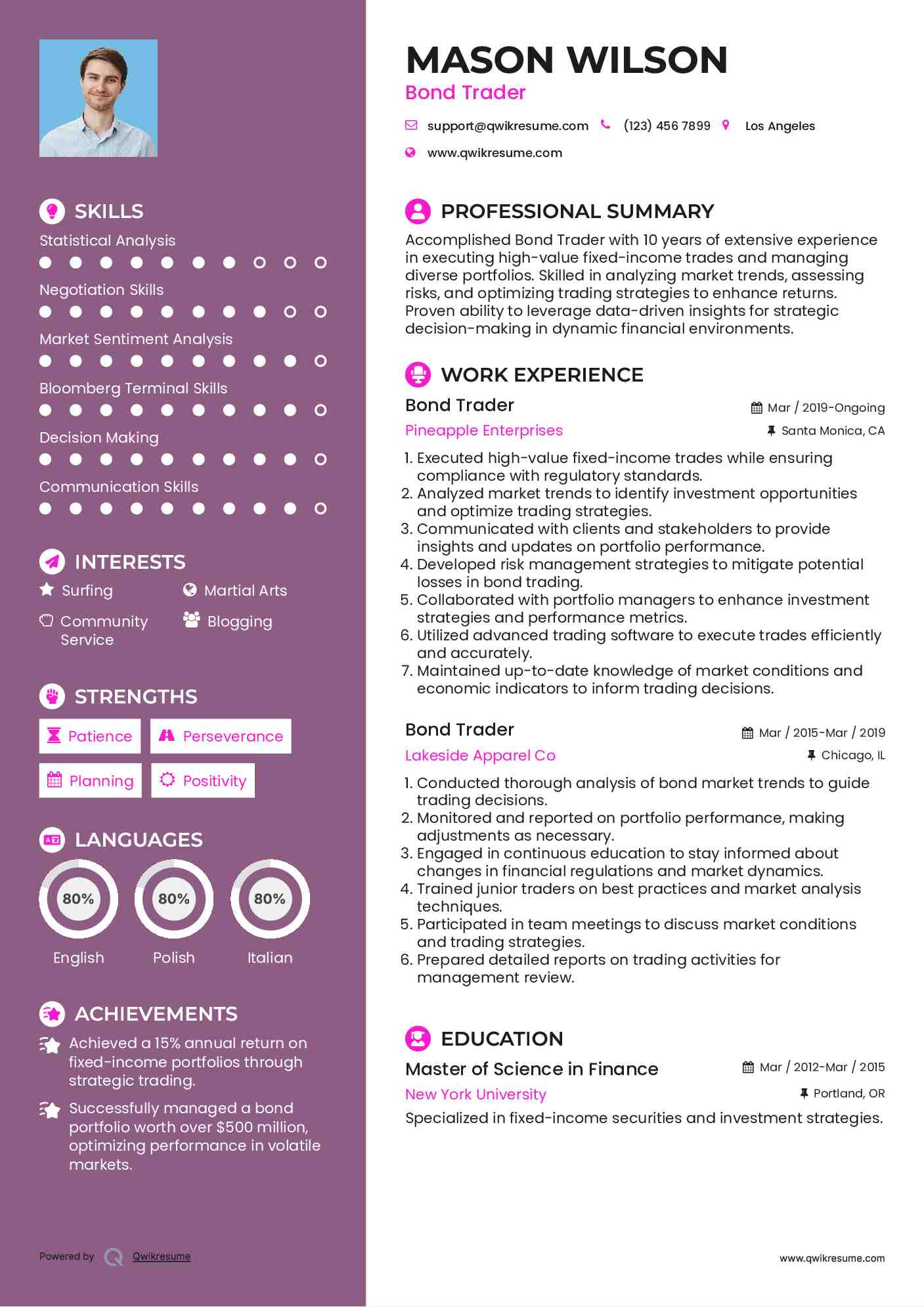 Bond Trader Resume Format