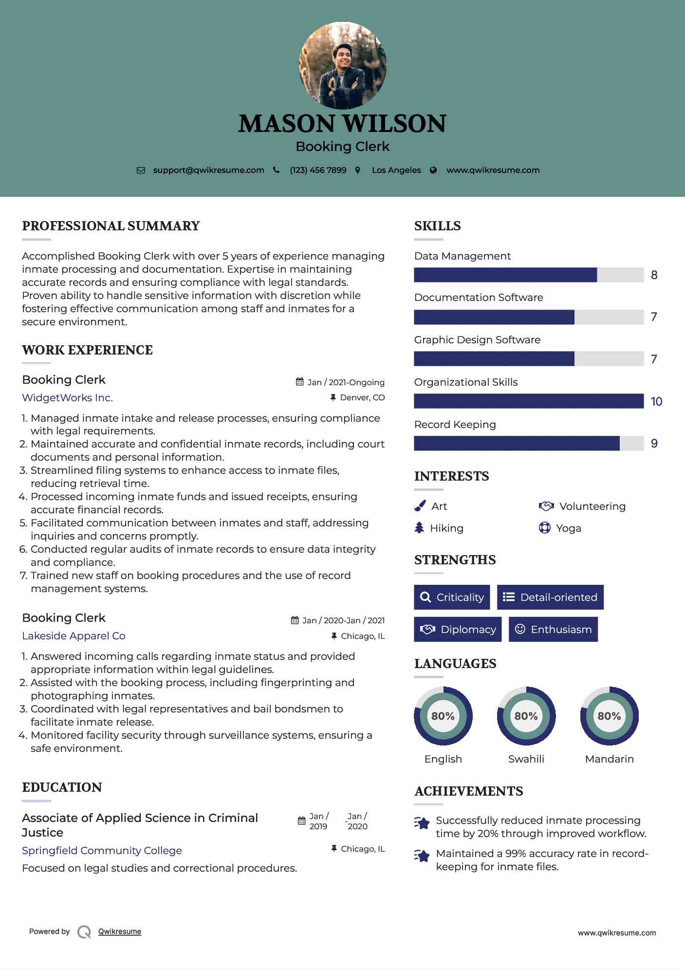 Booking Clerk Resume Sample