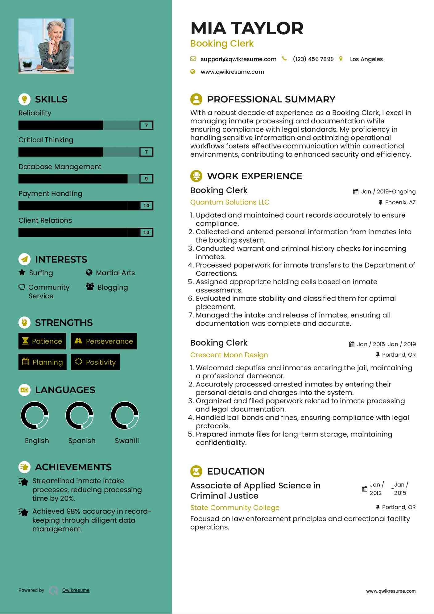 Booking Clerk Resume Sample