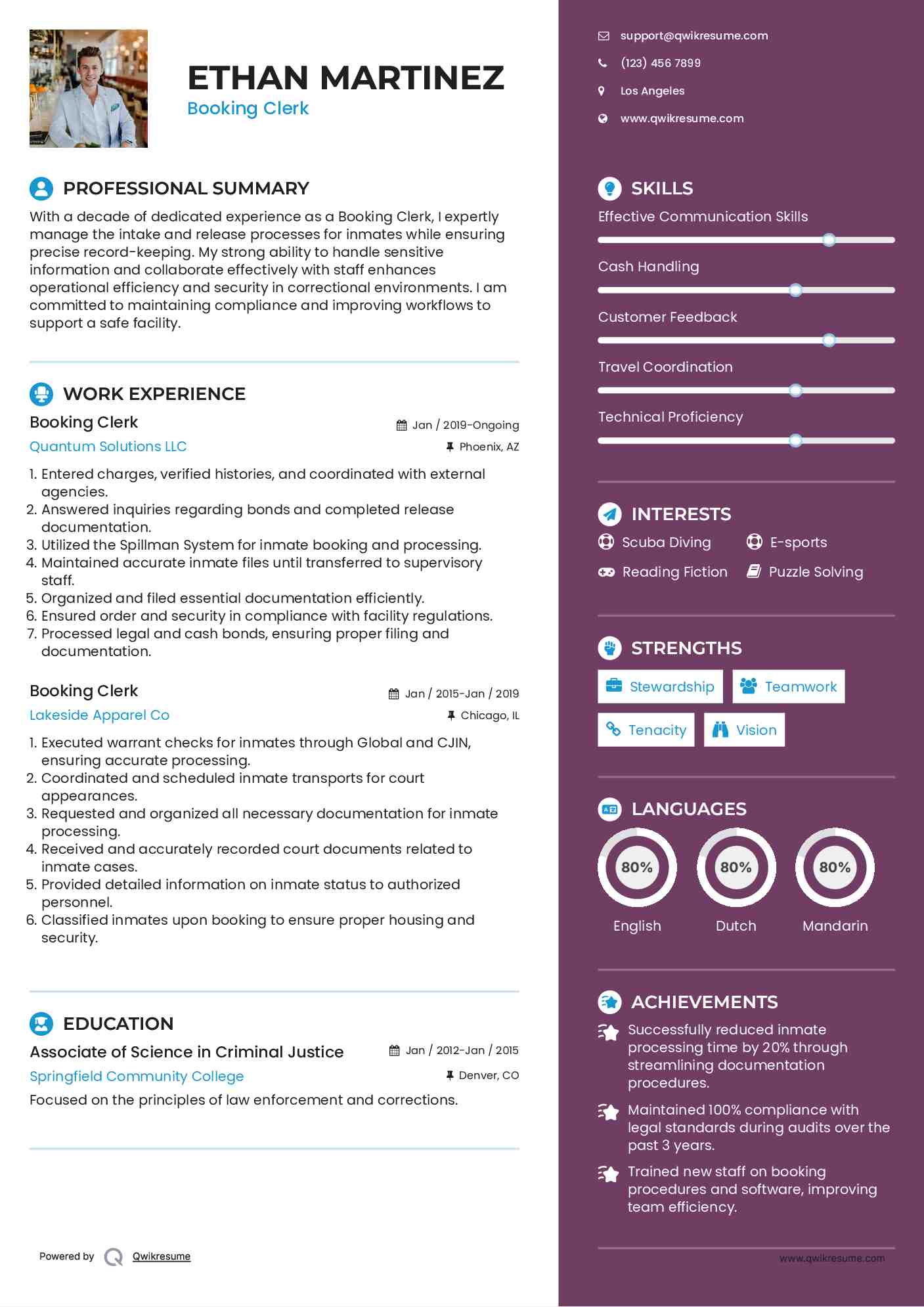 Booking Clerk Resume Example