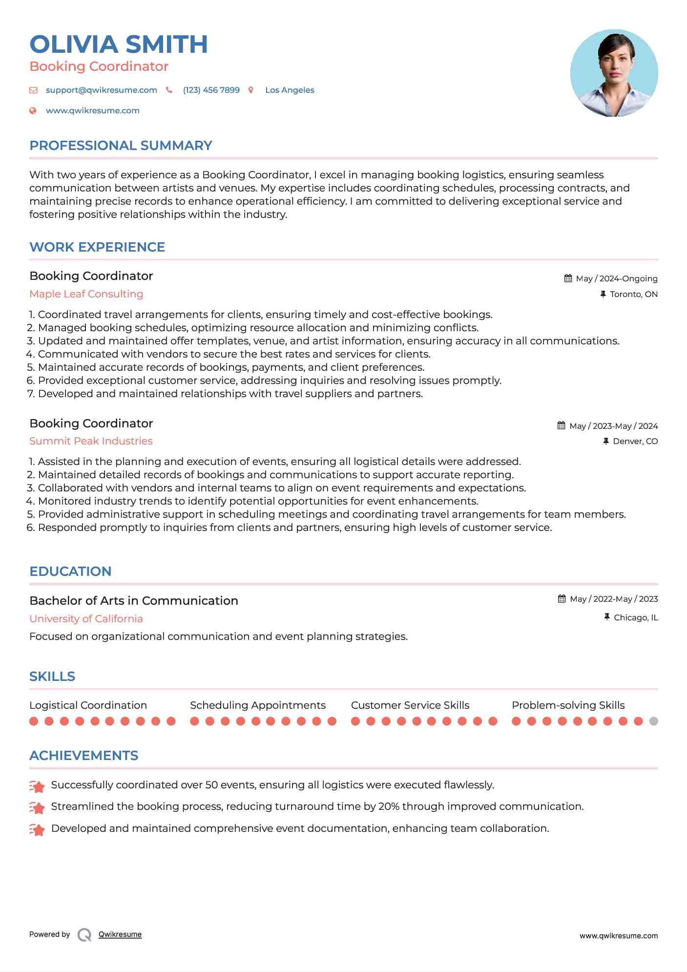 Booking Coordinator Resume Sample