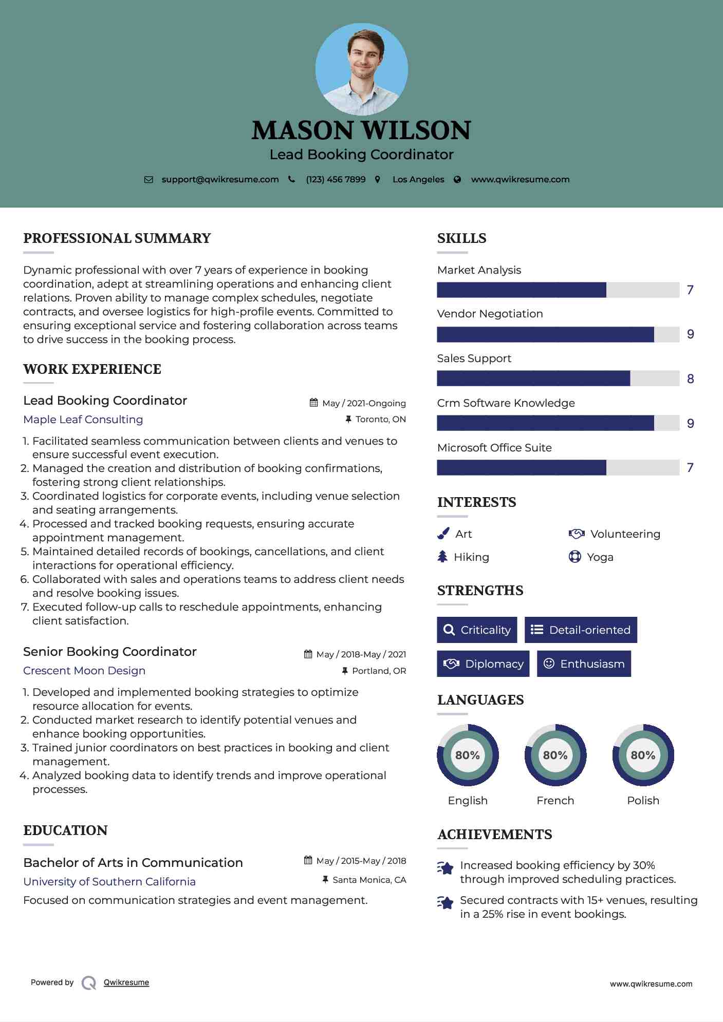 Lead Booking Coordinator Resume Sample