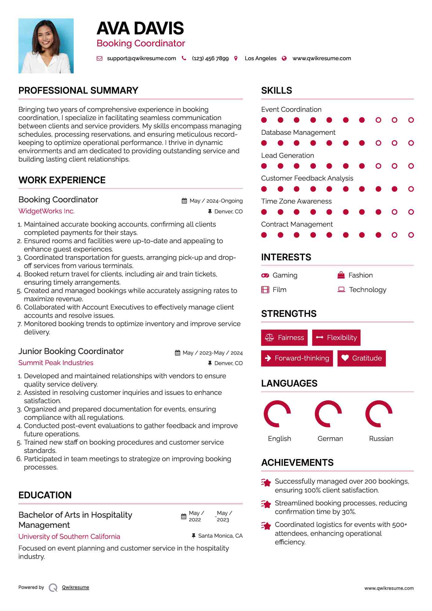 Booking Coordinator Resume Sample