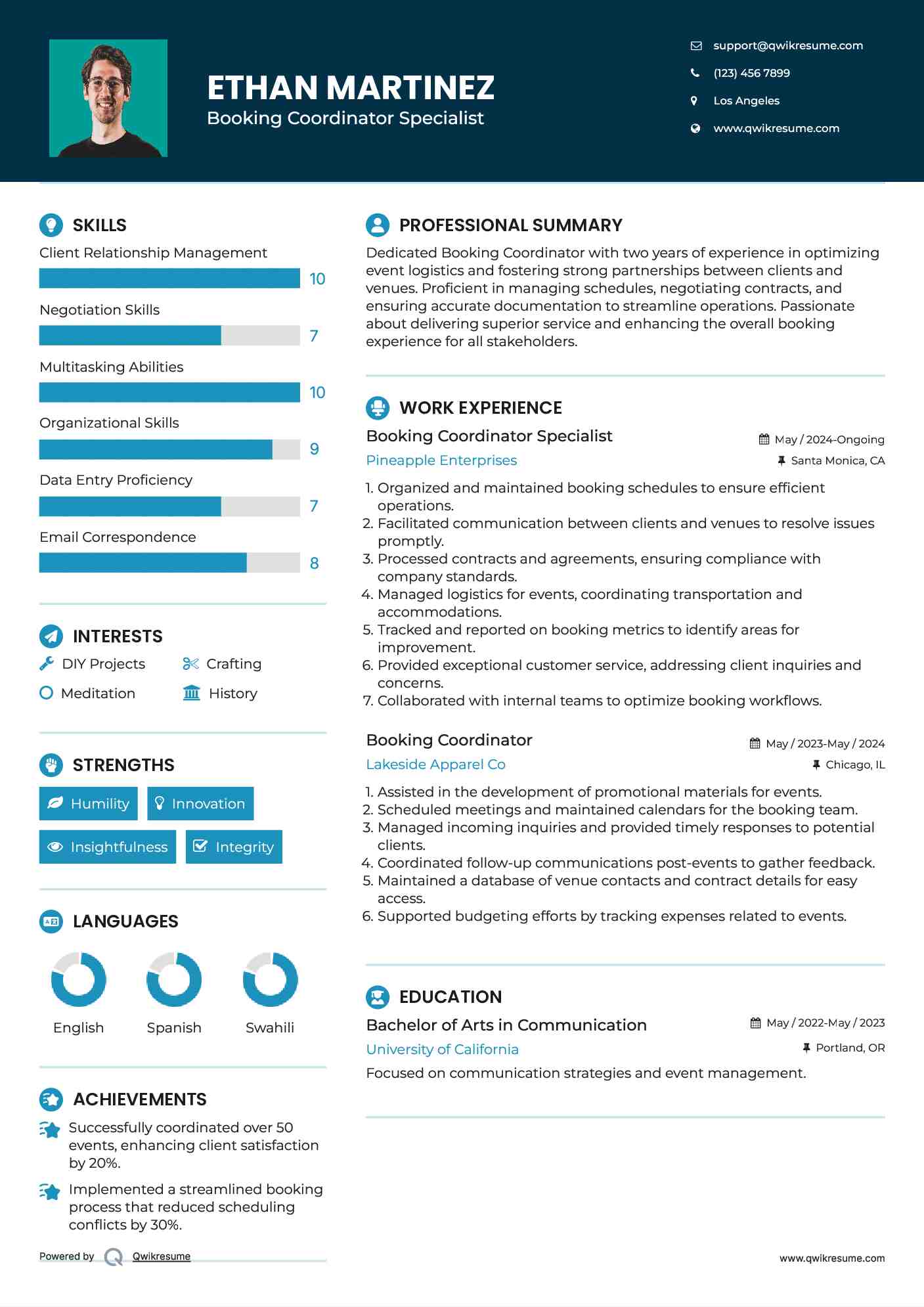 Booking Coordinator Specialist Resume Template