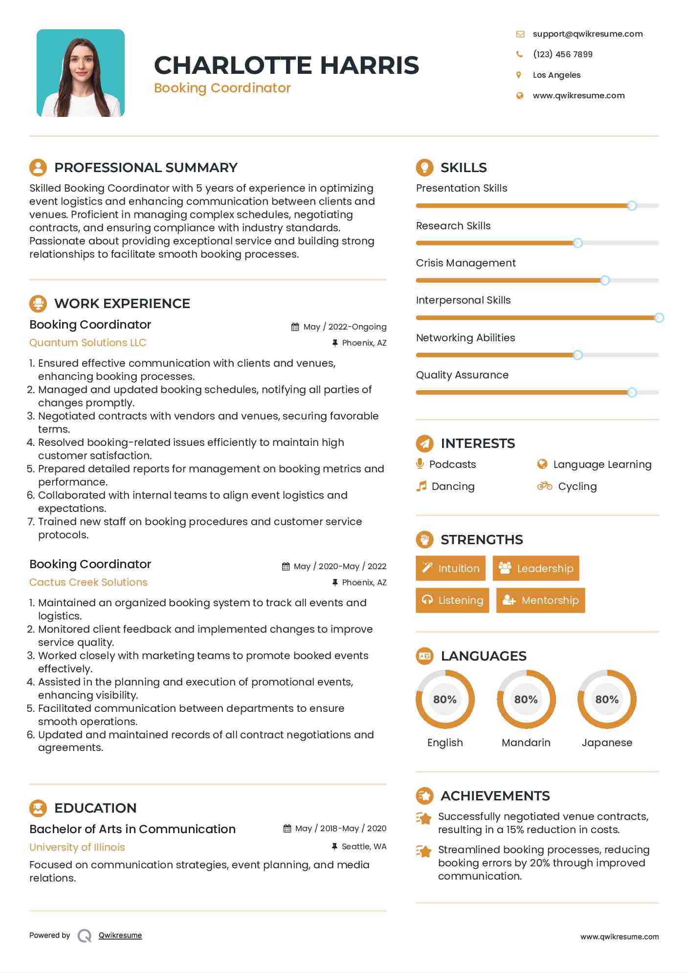 Booking Coordinator Resume Template