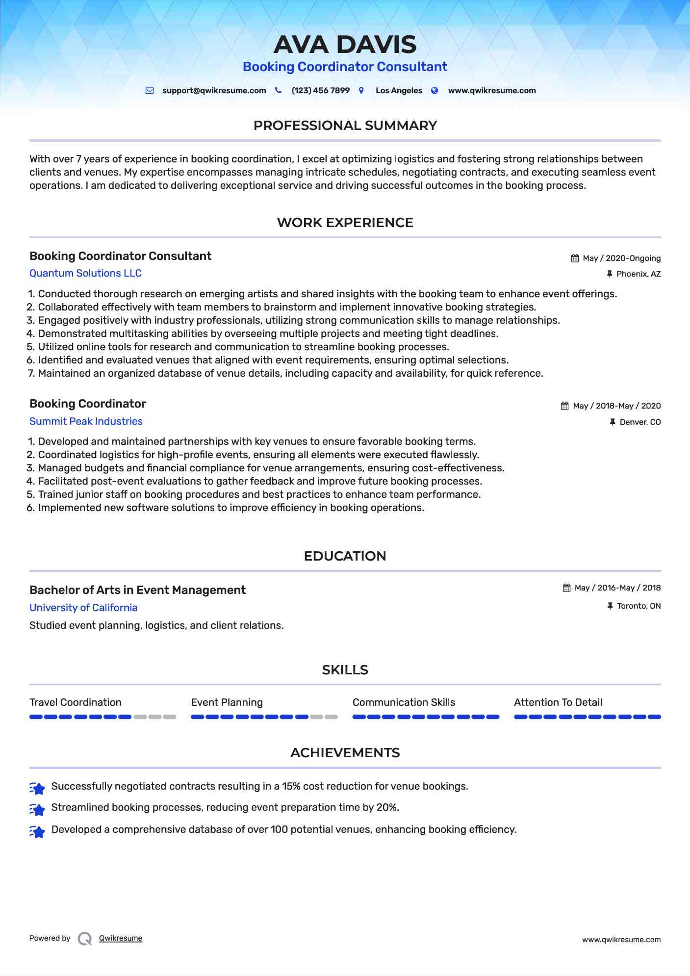 Booking Coordinator Consultant Resume Format
