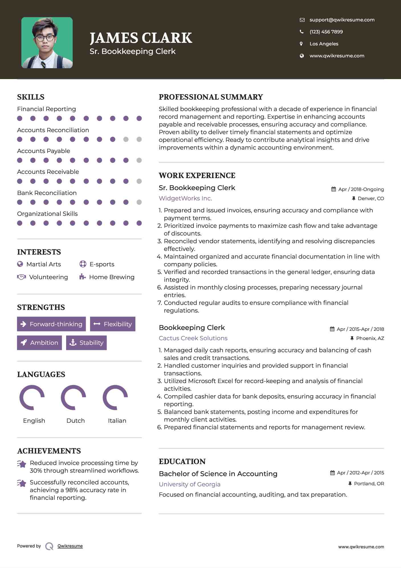 Sr. Bookkeeping Clerk Resume Format