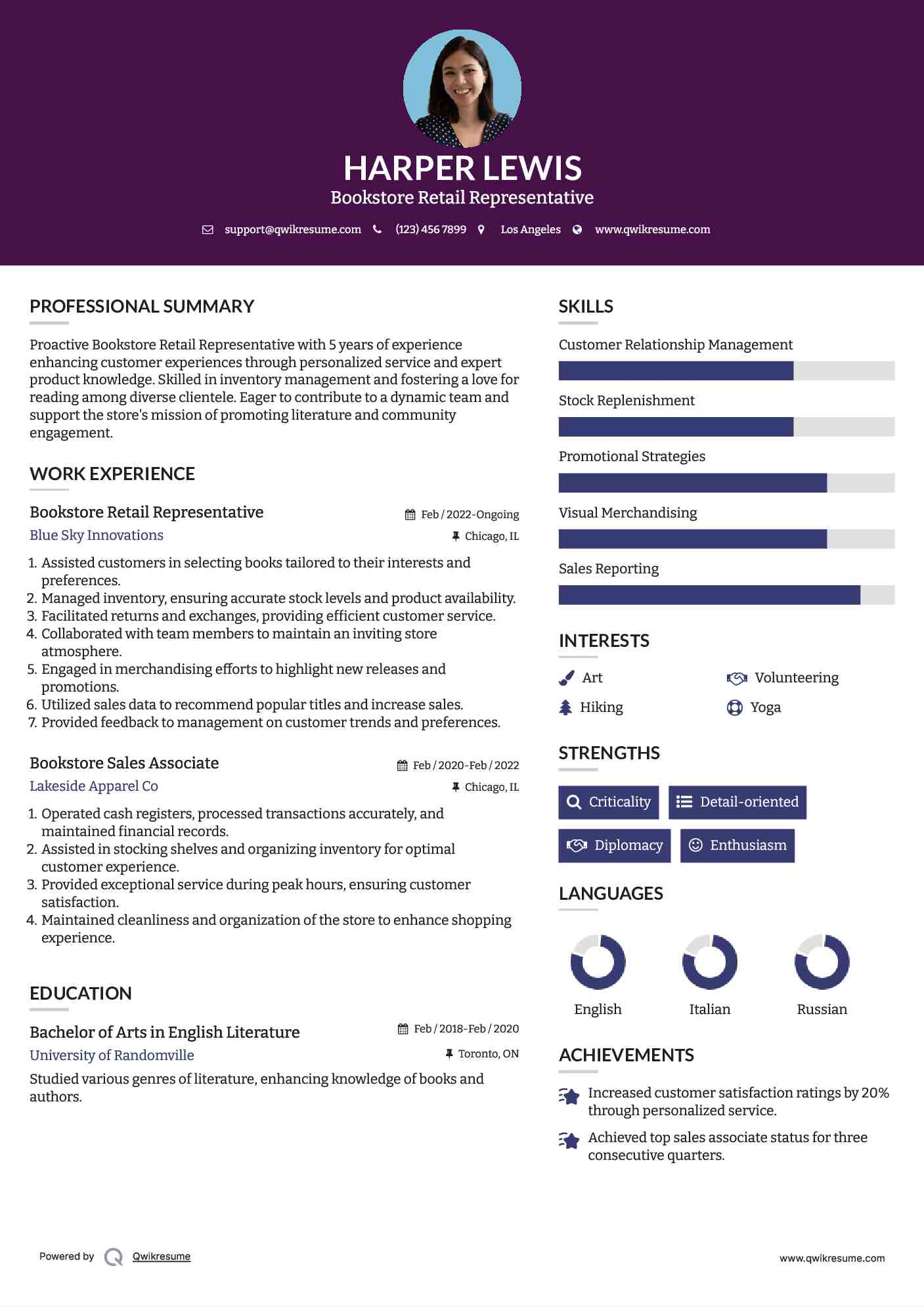 Bookstore Retail Representative Resume Sample