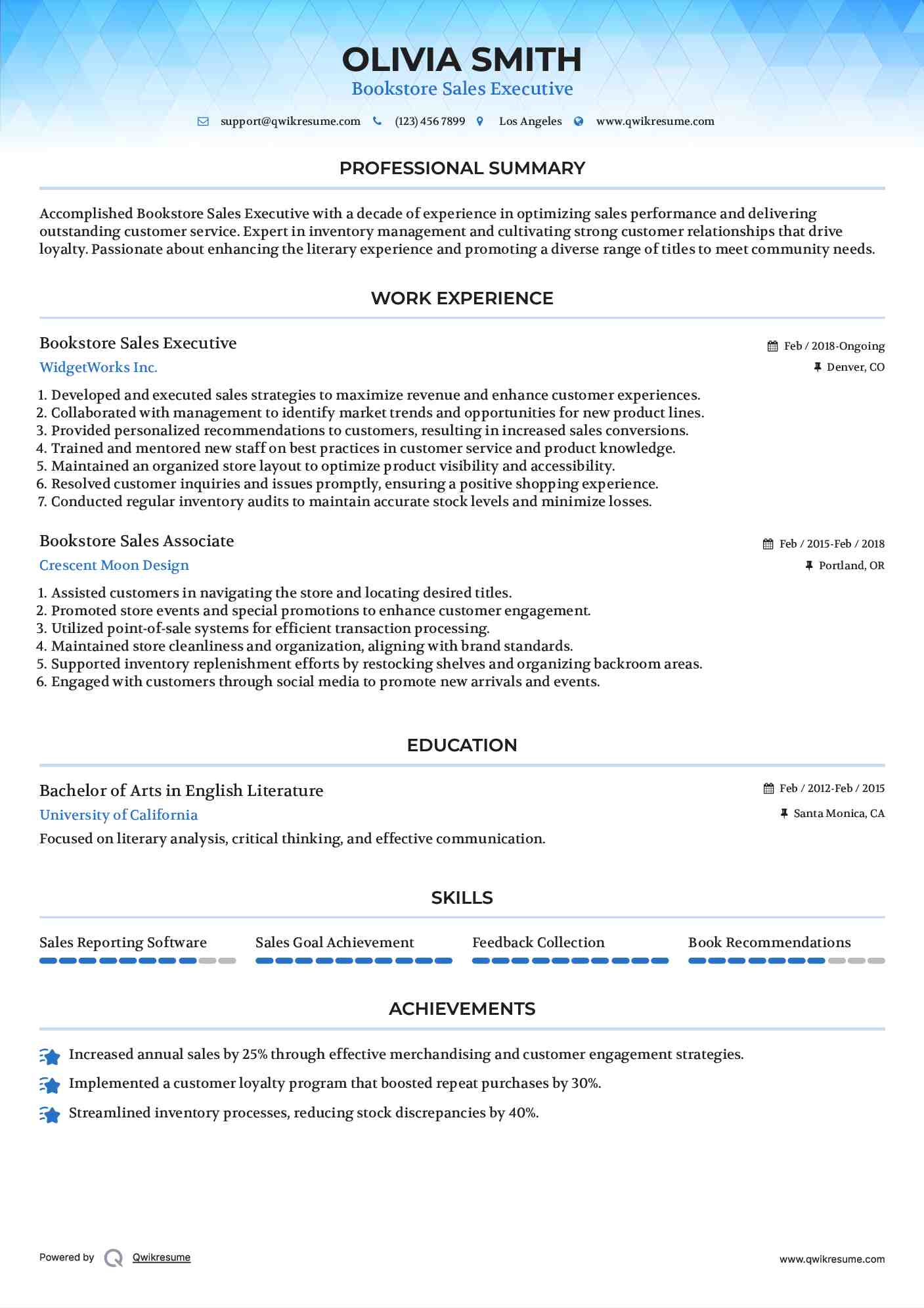 Bookstore Sales Executive Resume Sample